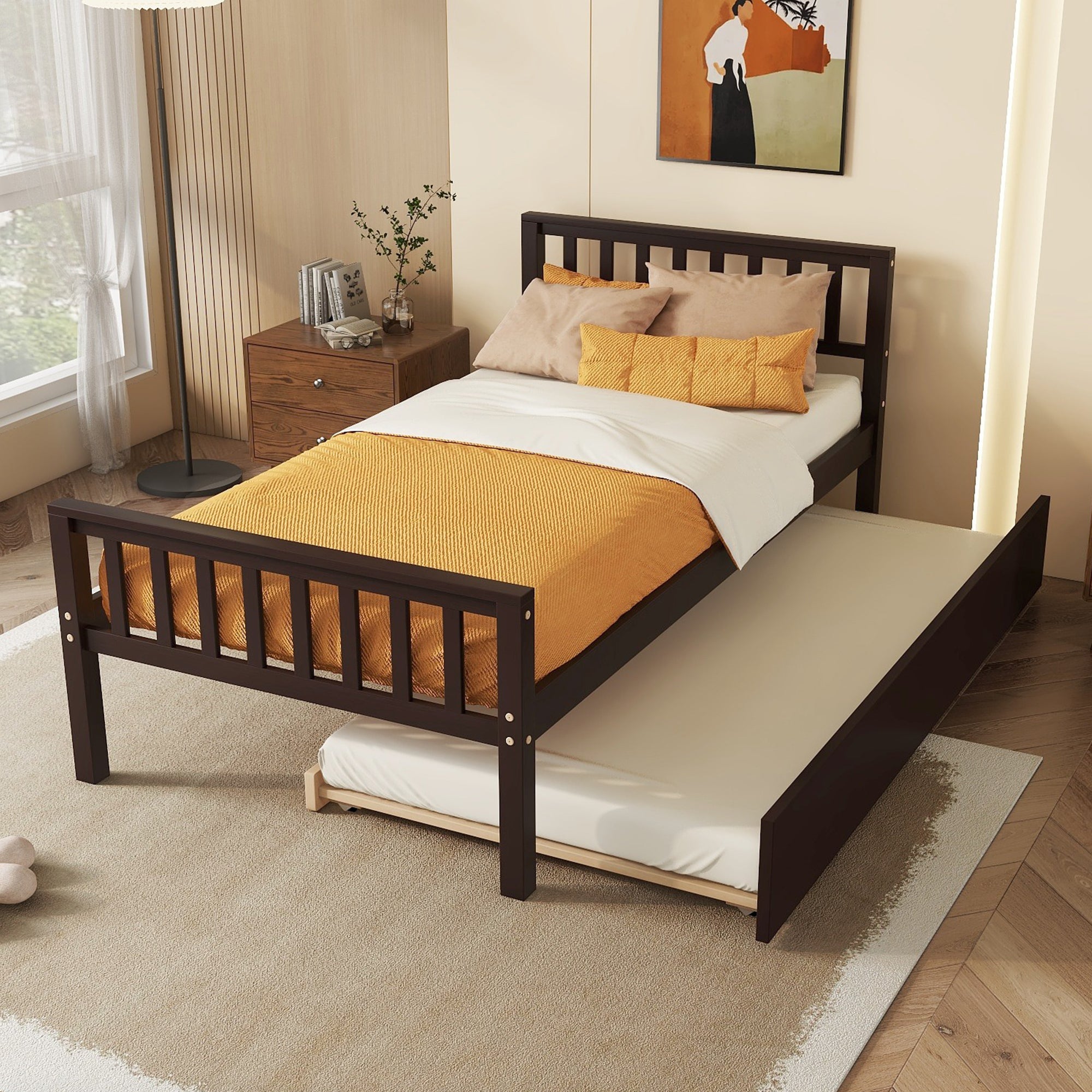 Espresso Twin Platform Bed w/Trundle, Headboard & Footboard - No Box Spring