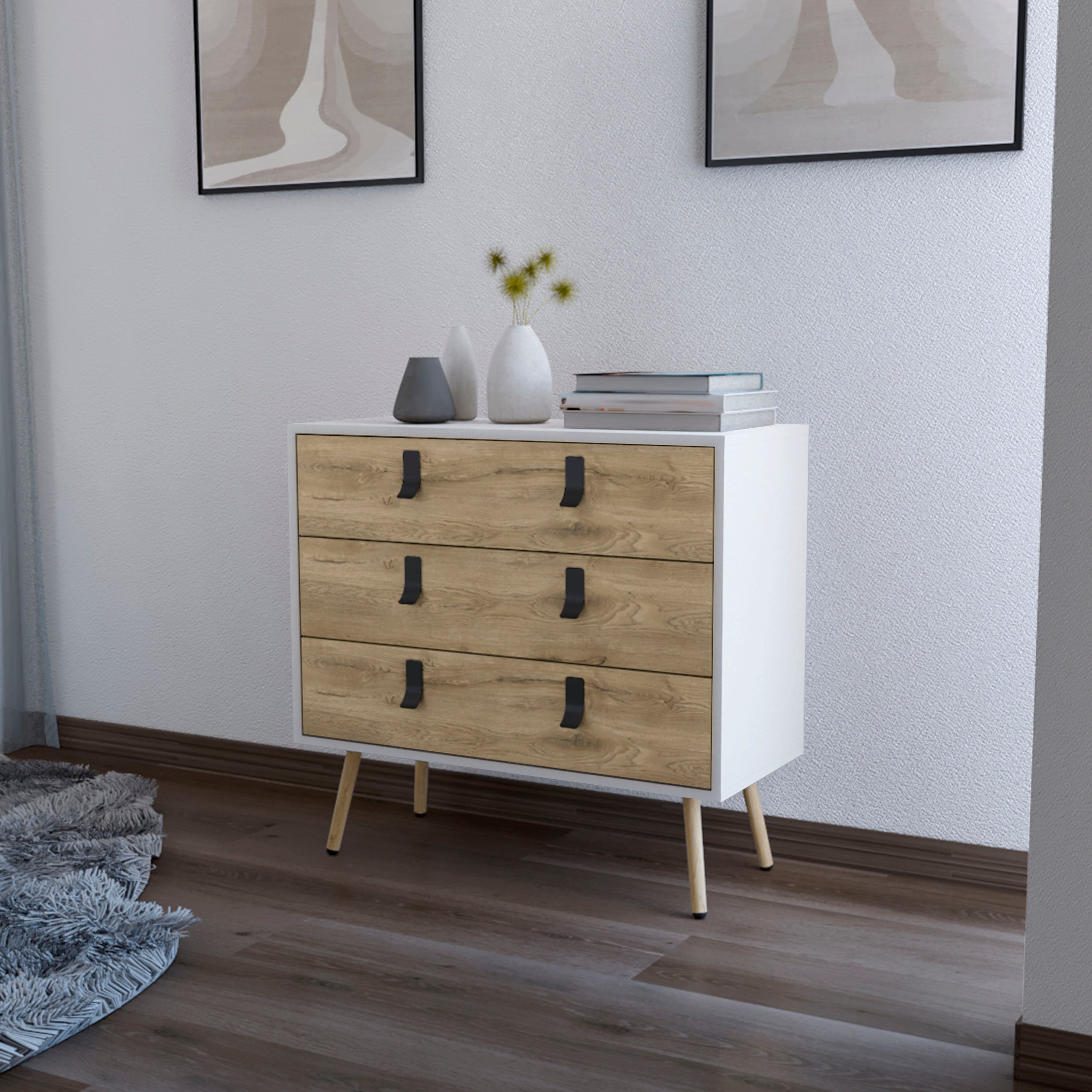 Kimball 3-Drawer Dresser Modern Chic Storage Wood Legs