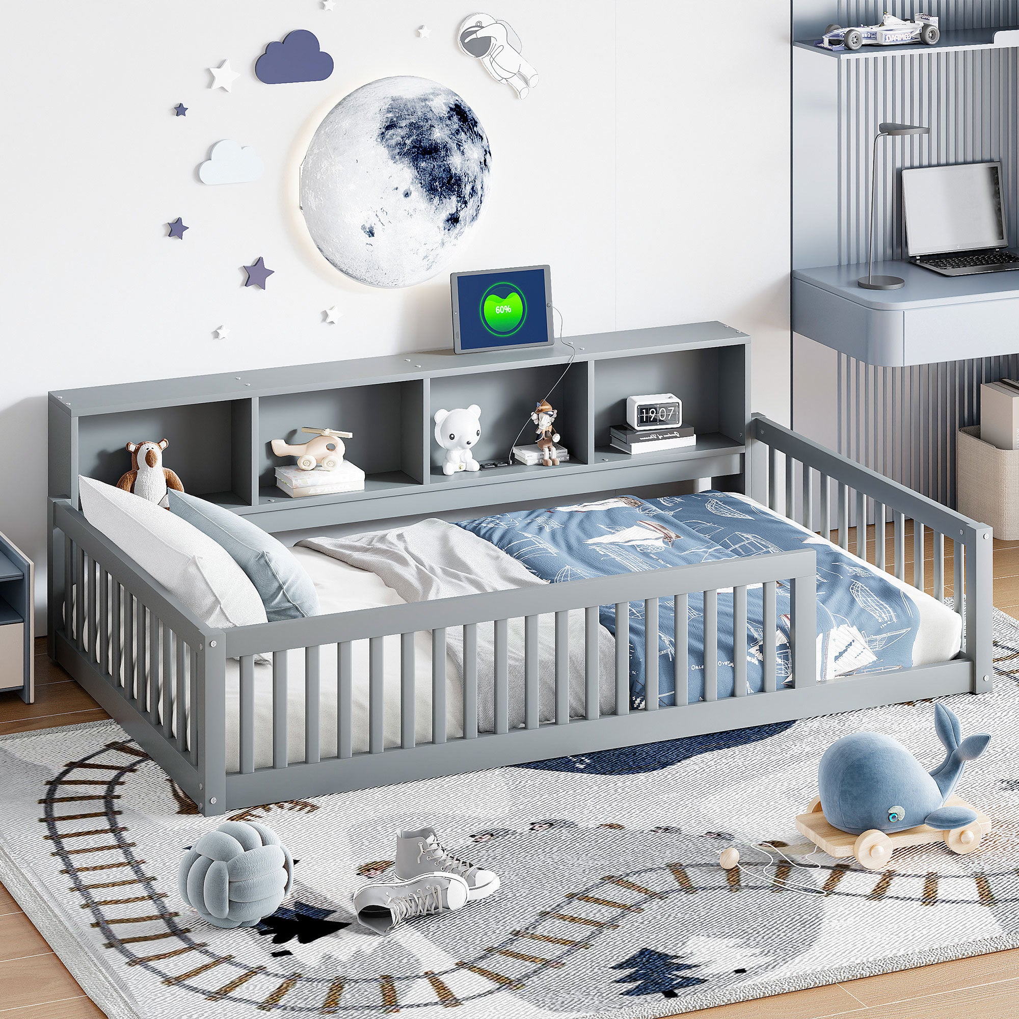 Twin XL Wood Floor Bed Gray: Storage Cabinets, USB Ports