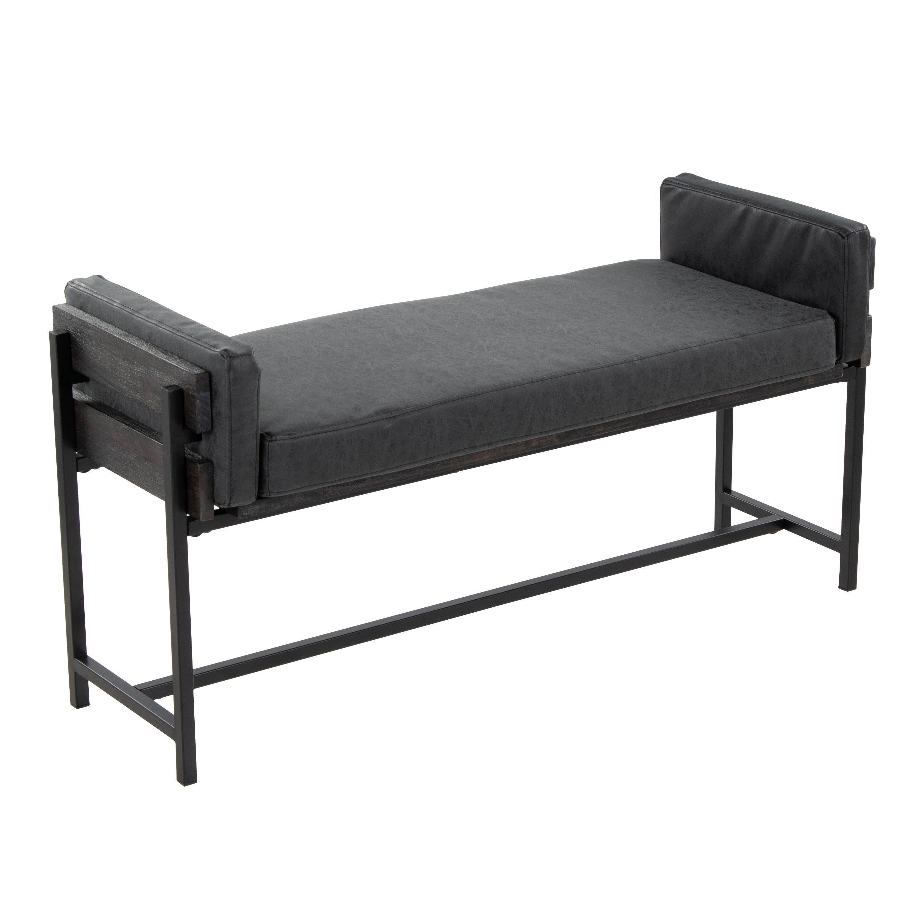Kari 18' Farmhouse Bench: Black Metal, Grey Wood, Faux Leather LumiSource
