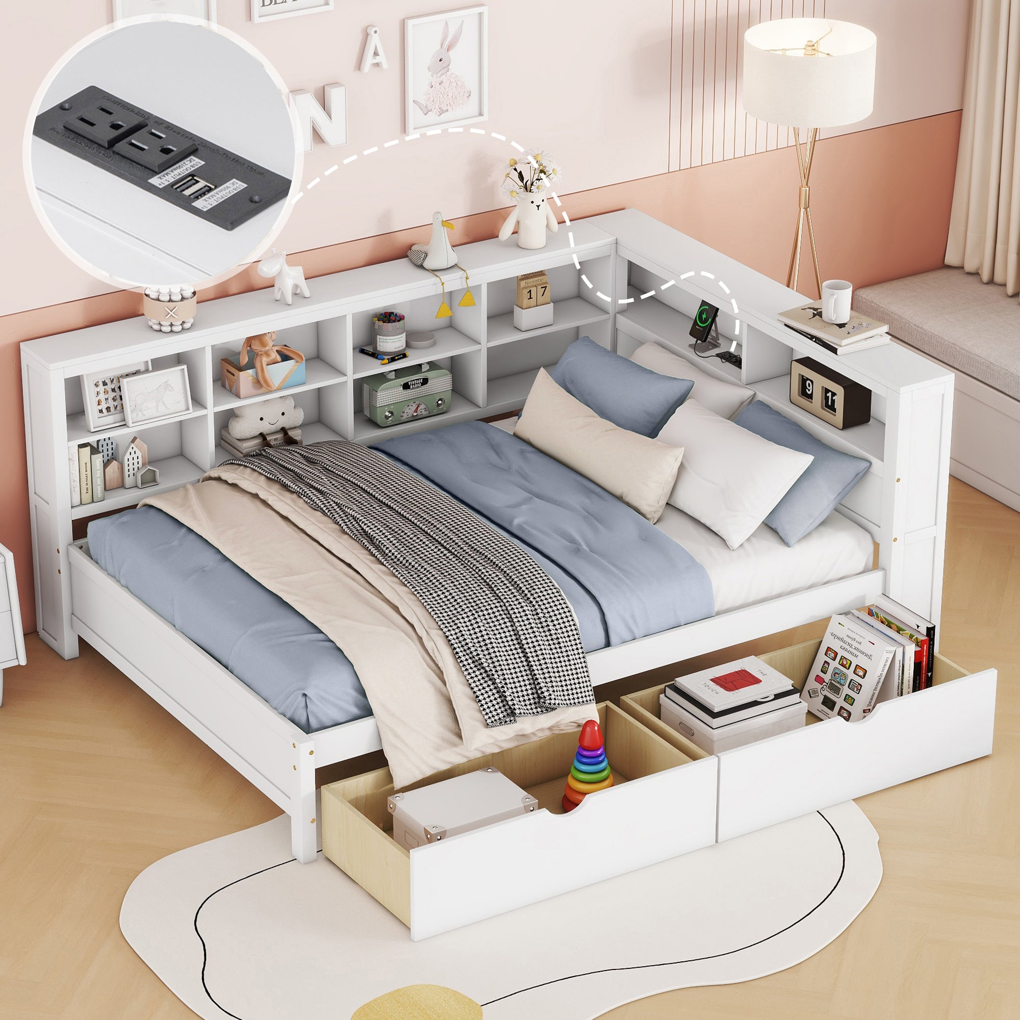 White Wooden Full Size Daybed: Drawers, Shelf, USB Charging