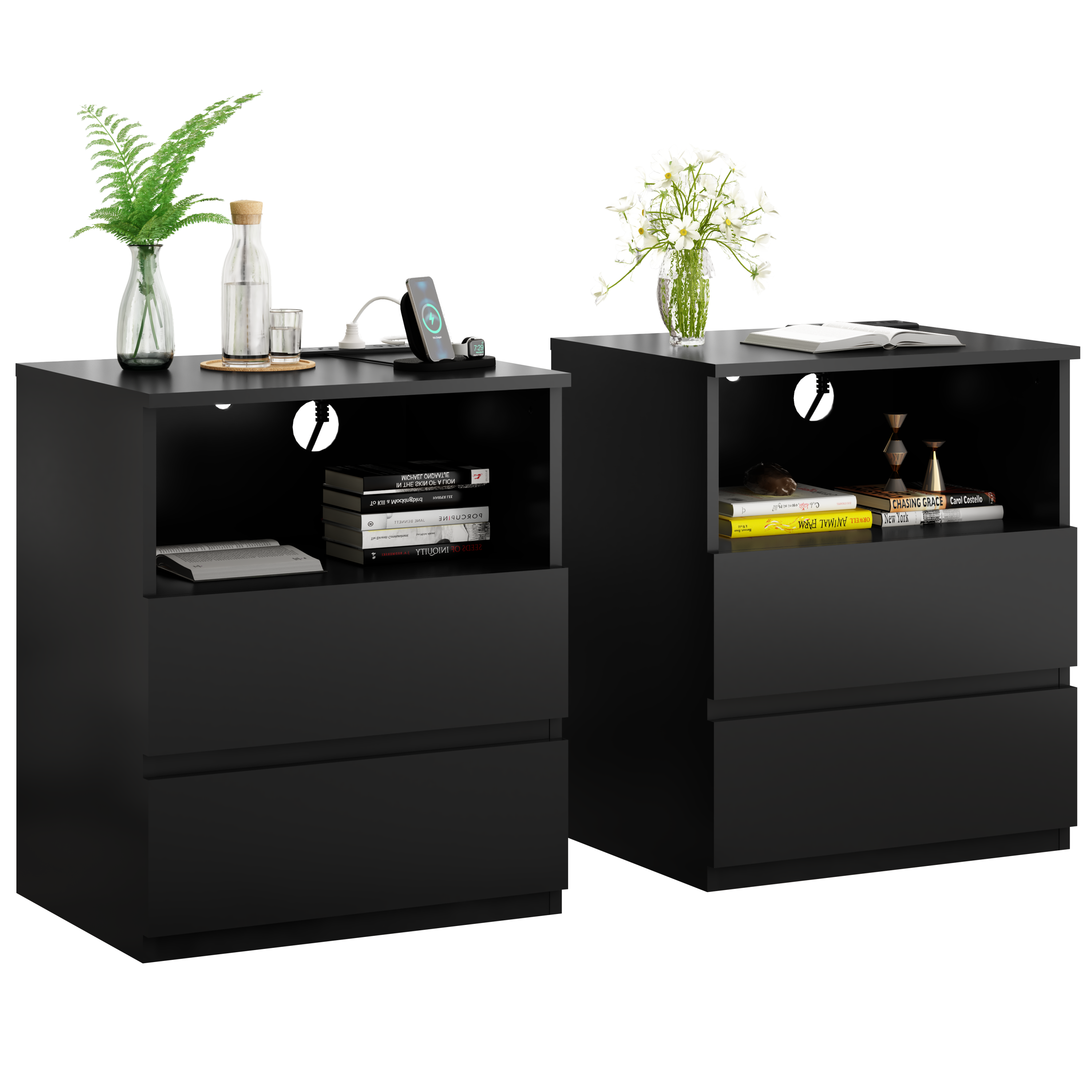 Black Modern End Tables (Set of 2) with USB C & 2 Drawers