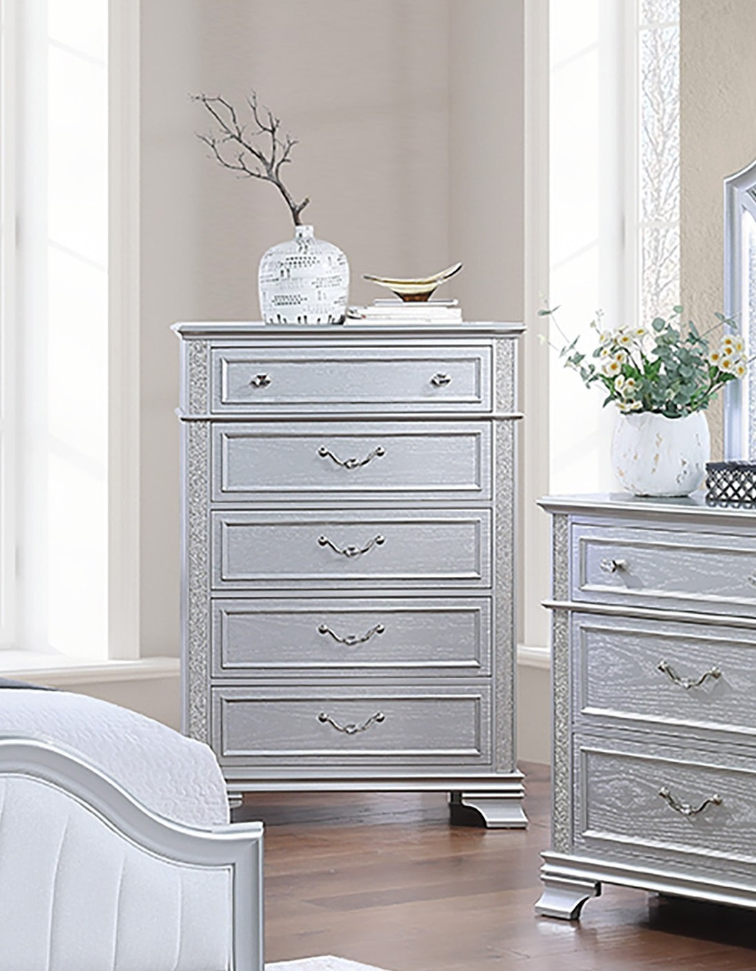 Contemporary Elegance Gray 5-Drawer Chest, Crystal Knobs