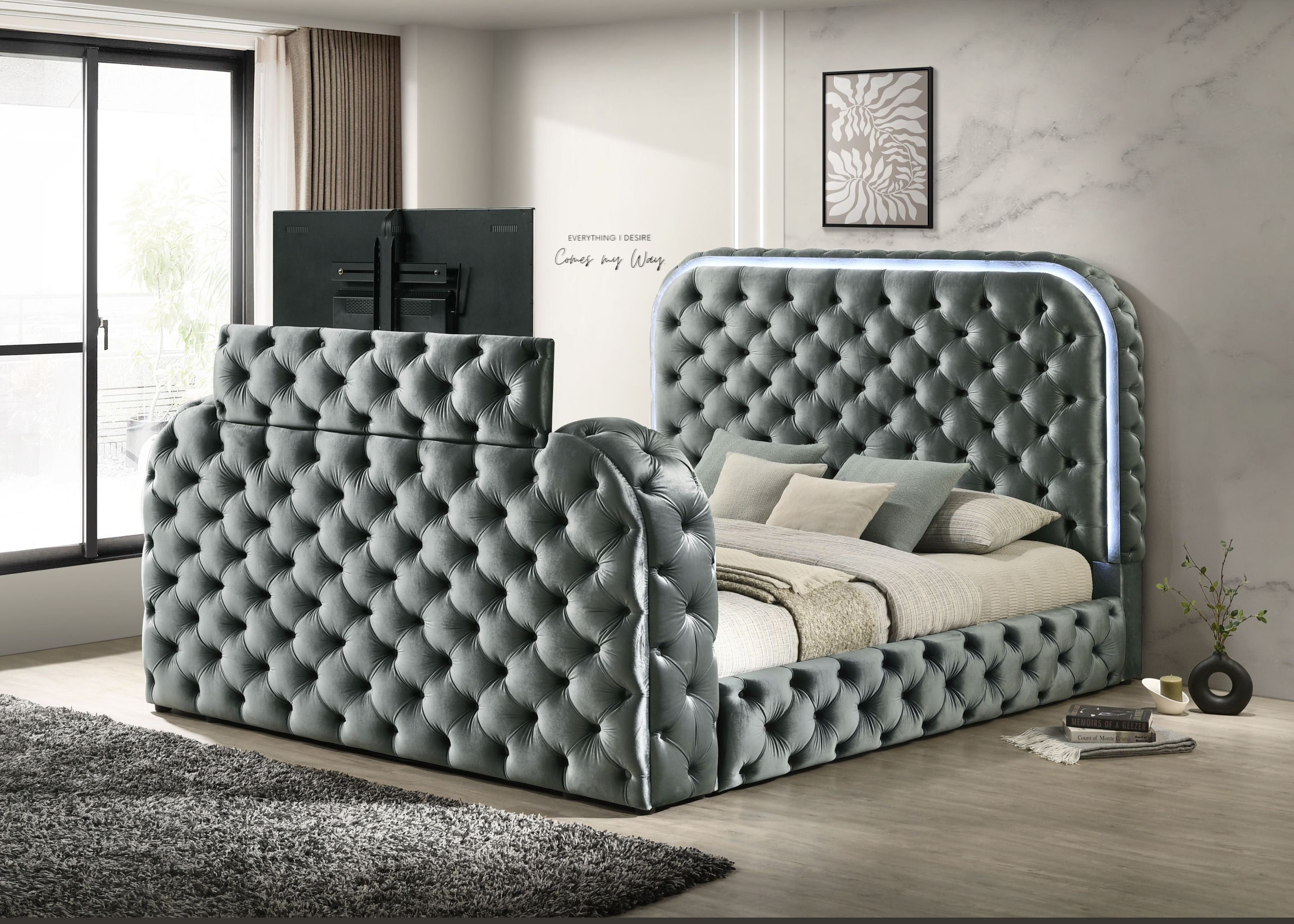 Gray Velvet Eastern King Bed: LED, Fireplace & TV Stand