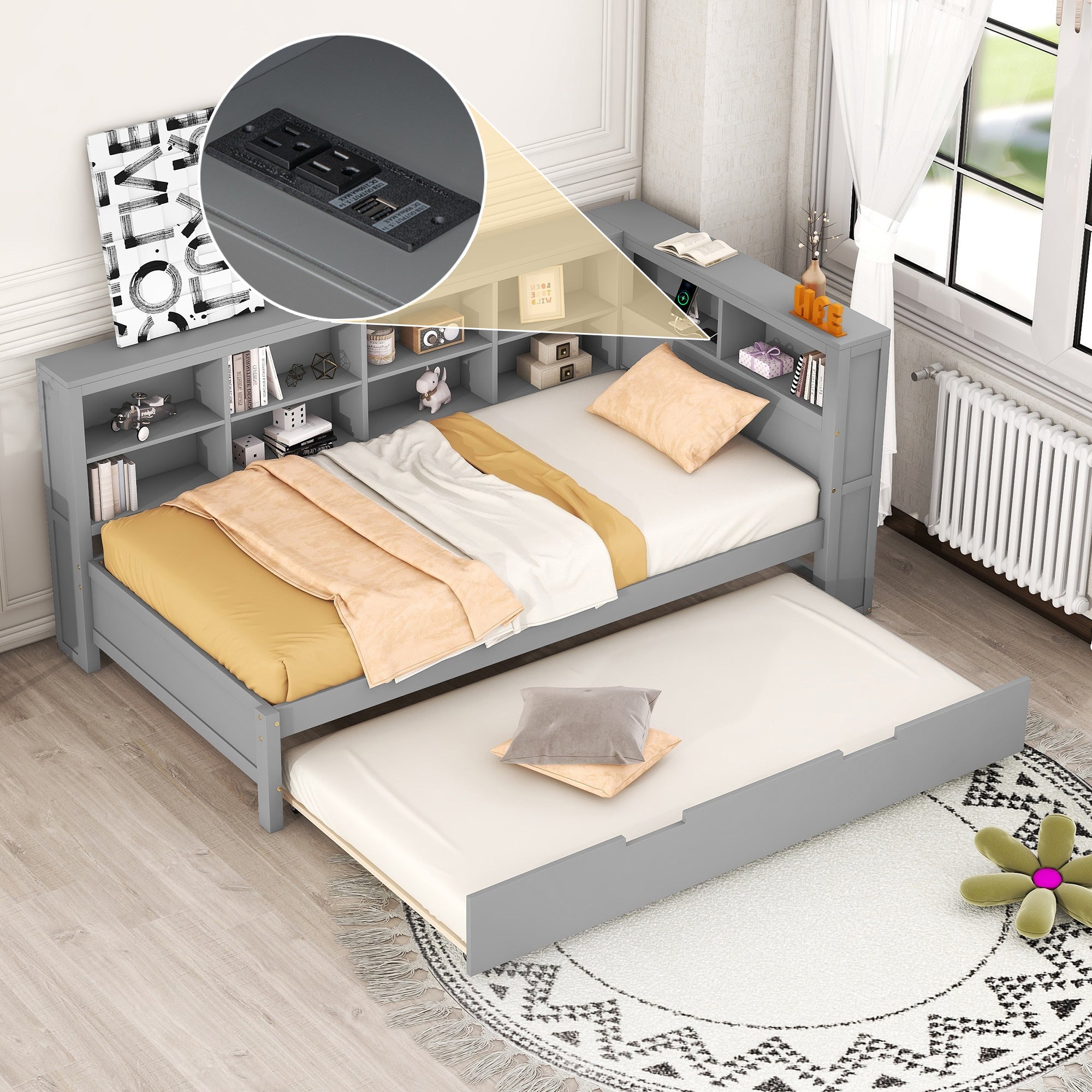 Grey Twin Daybed with Trundle & Storage