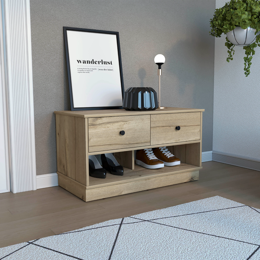 Uranus Storage Bench: Light Oak, 2 Drawers & 2 Open Shelves