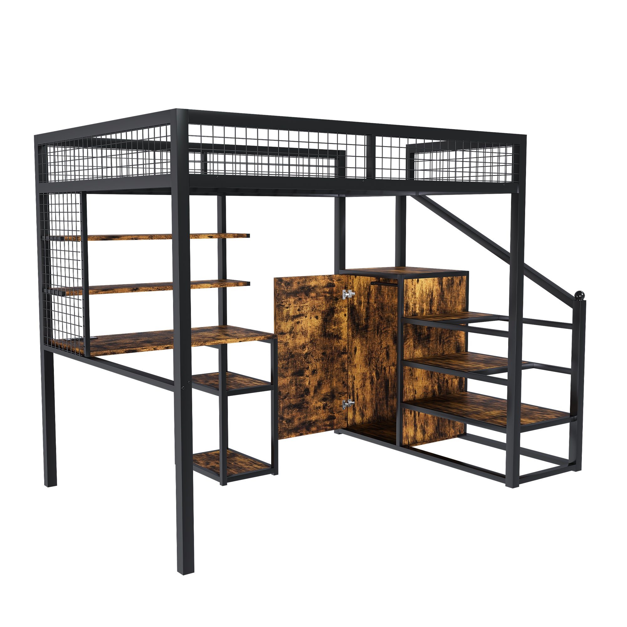 Full-Size Loft Bed with Desk, Wardrobe, Storage, Gaming - Black