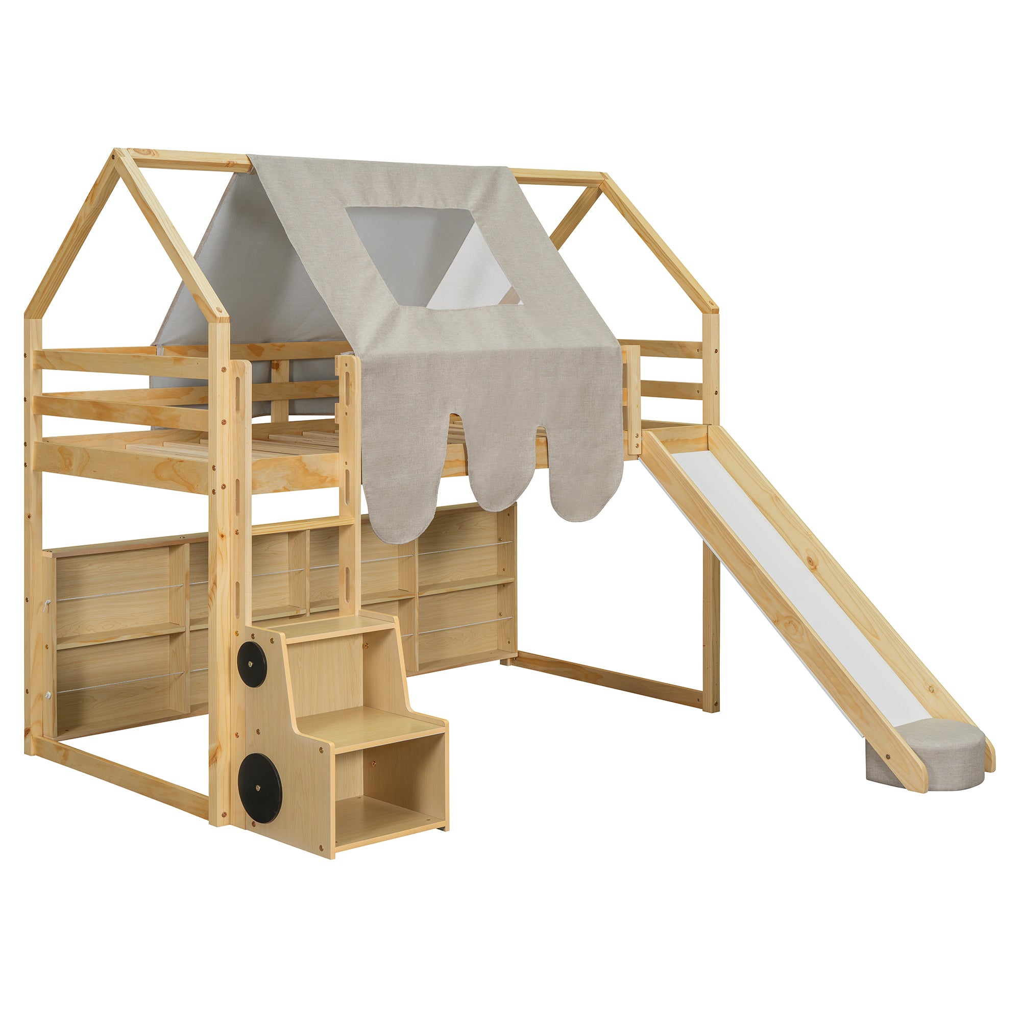 Natural Beige Wooden Twin Loft Bed House Frame Tent