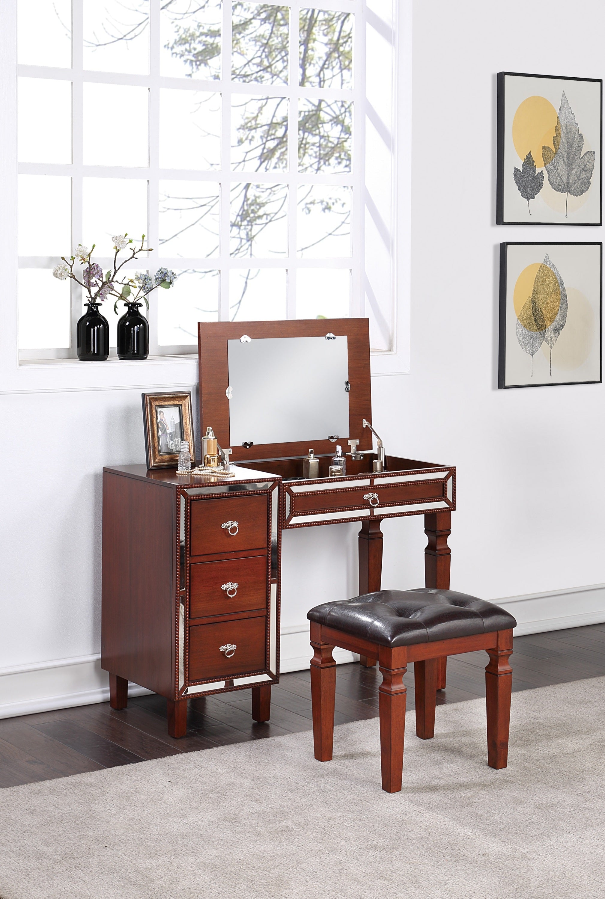 Cherry Traditional Vanity Set w/ Tufted Stool & Storage