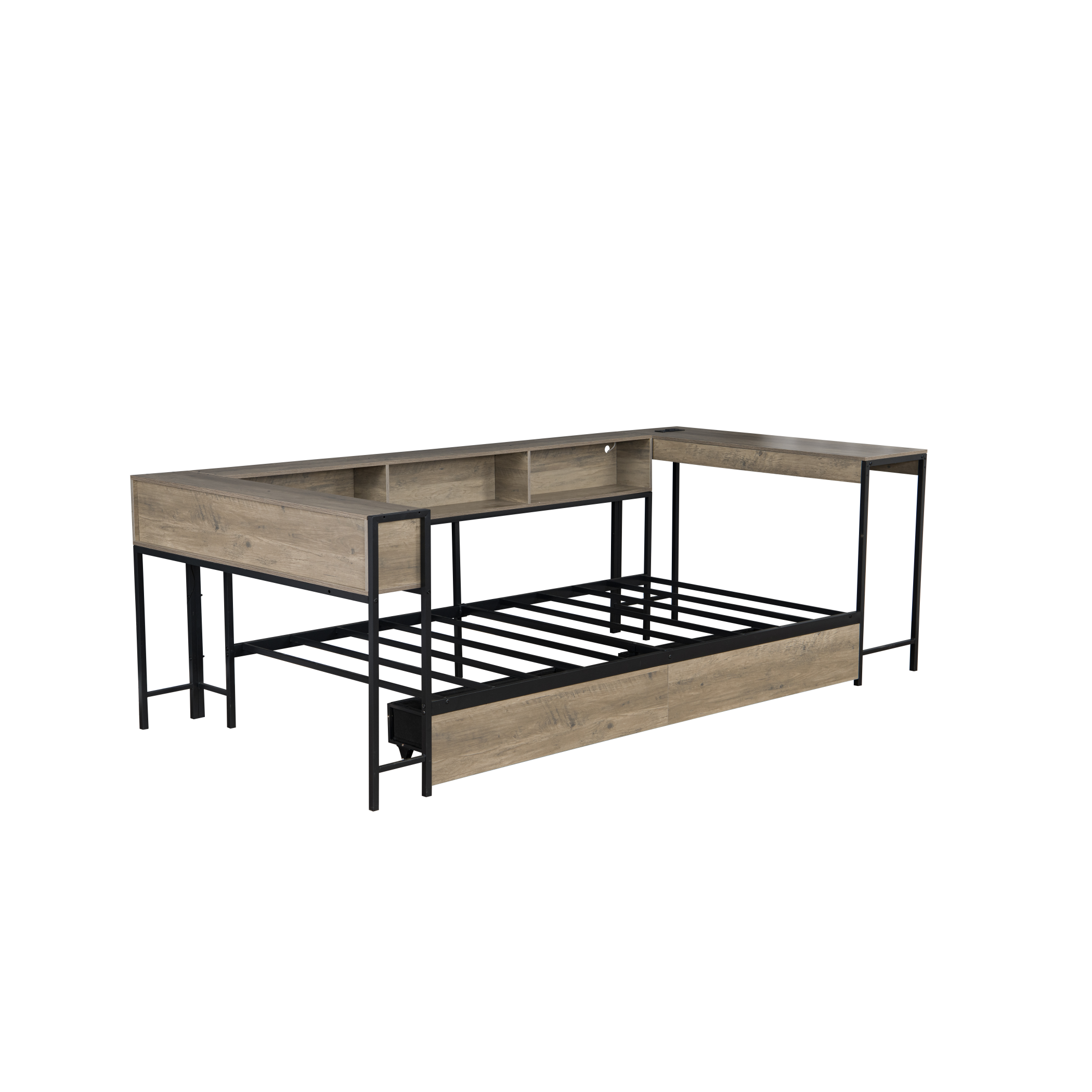 Twin Corner Bed Frame: Bookcase, Storage, LED, Charging, Grey