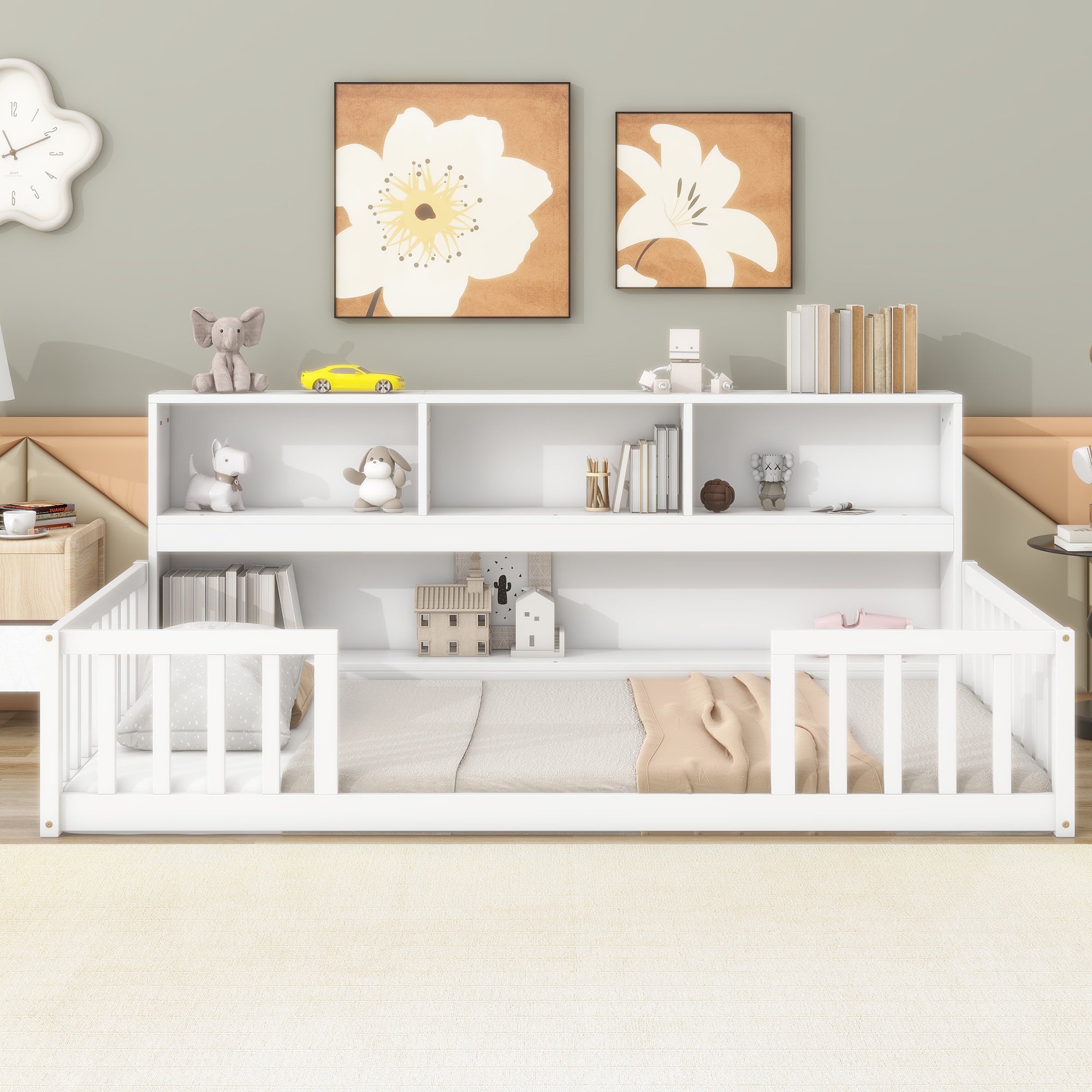White Twin Floor Bed with Bedside Bookcase, Shelves, Guardrails