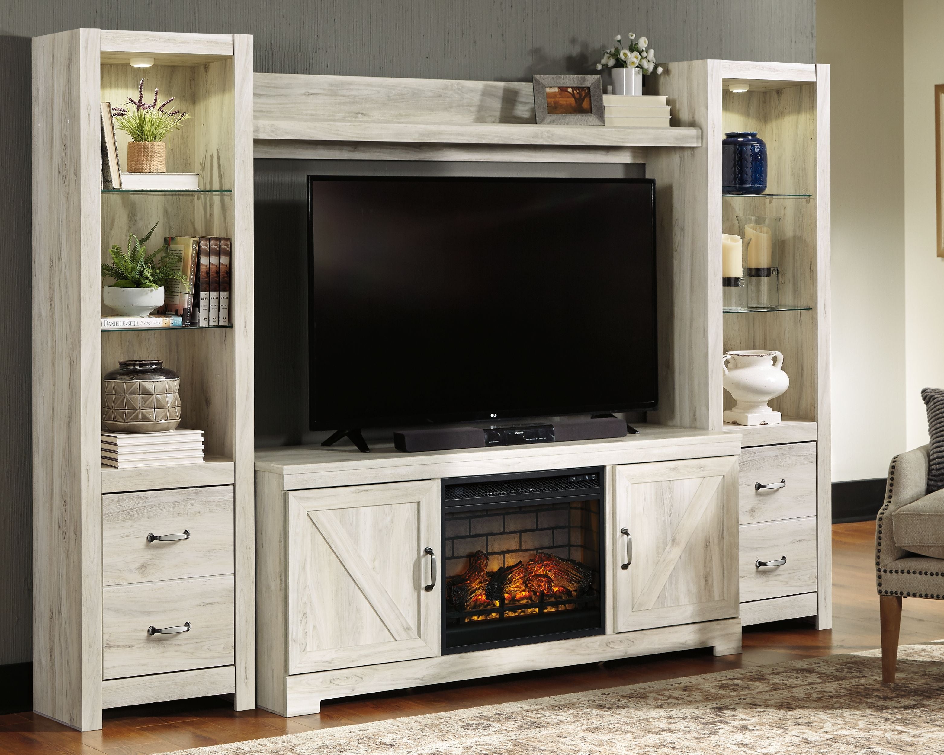 Bellaby - Entertainment Center - TV Stand With Faux Firebrick Fireplace Insert - Whitewash