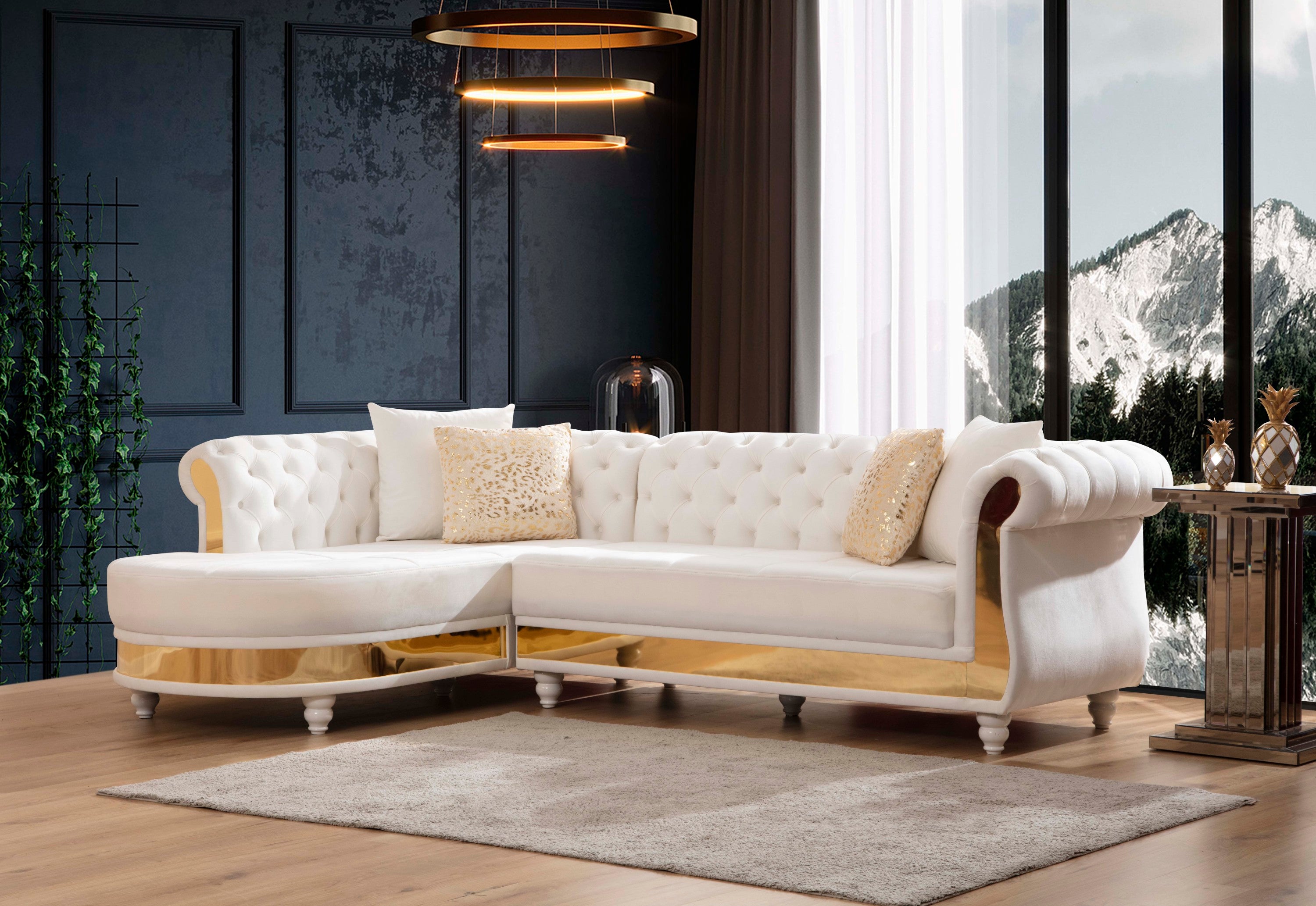 Off-White Gold Tufted Sectional Sofa with Wood Frame