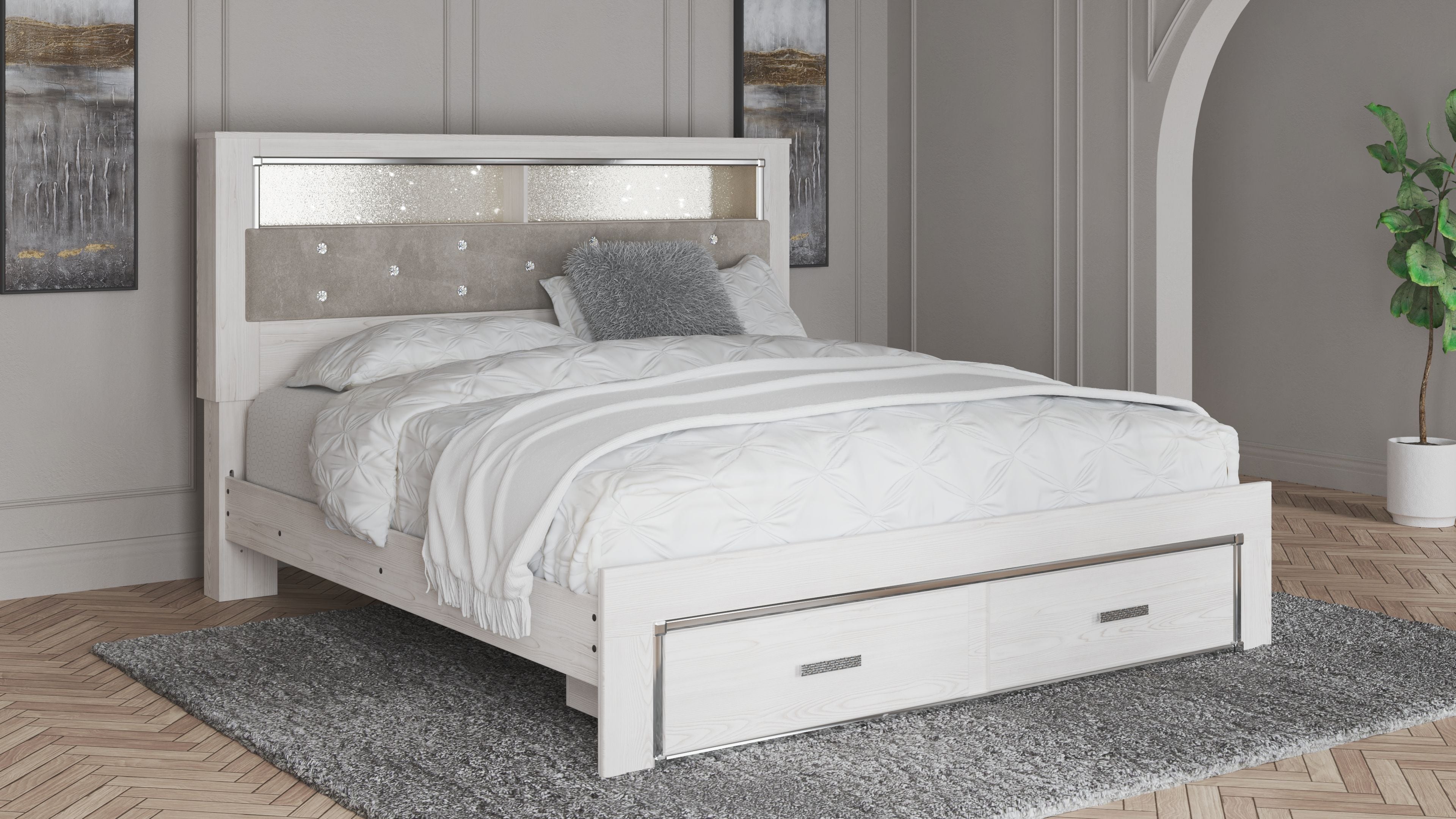 Altyra - King Upholstered Bookcase Bed With Storage - White