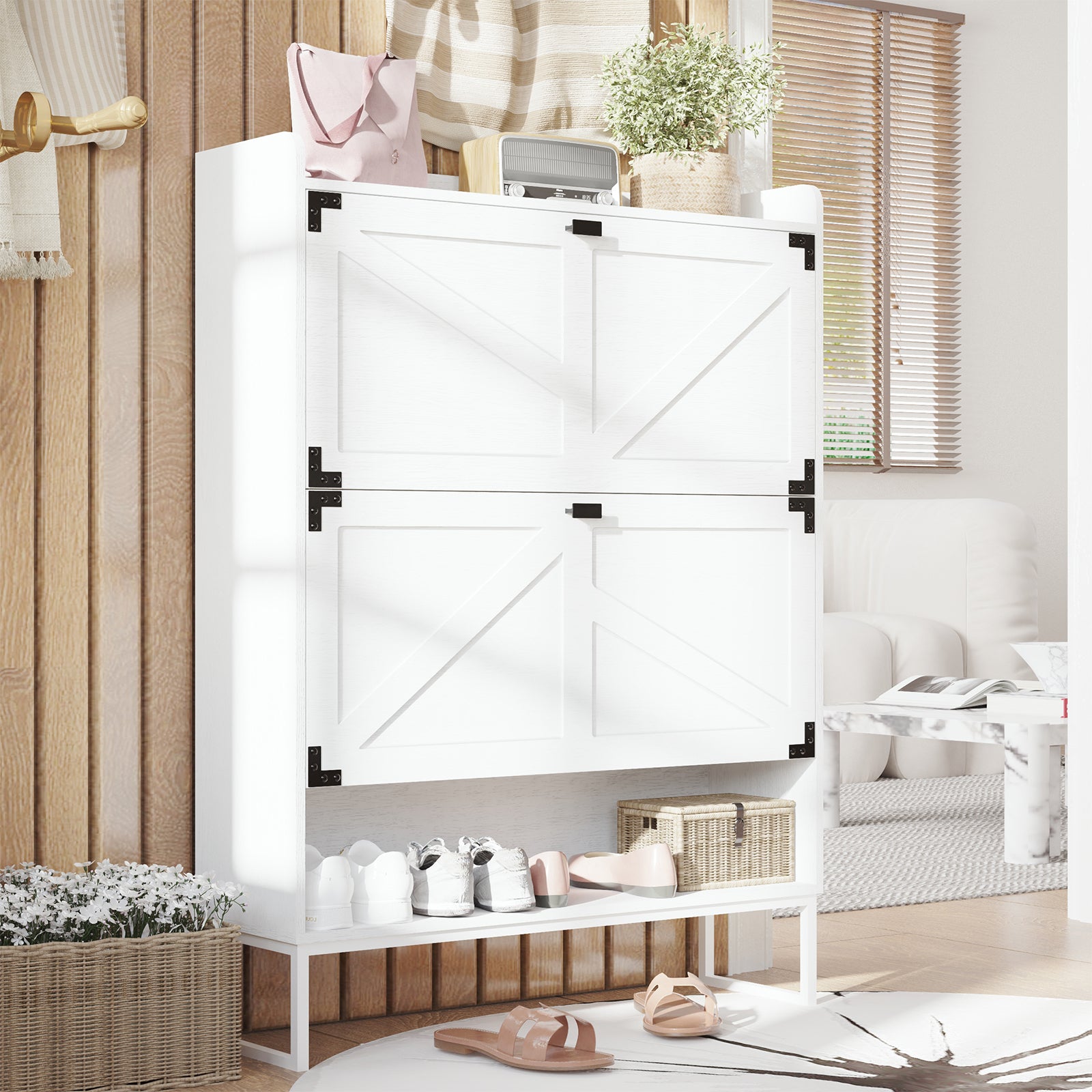 Narrow White Entryway Shoe Cabinet with Flip Drawers