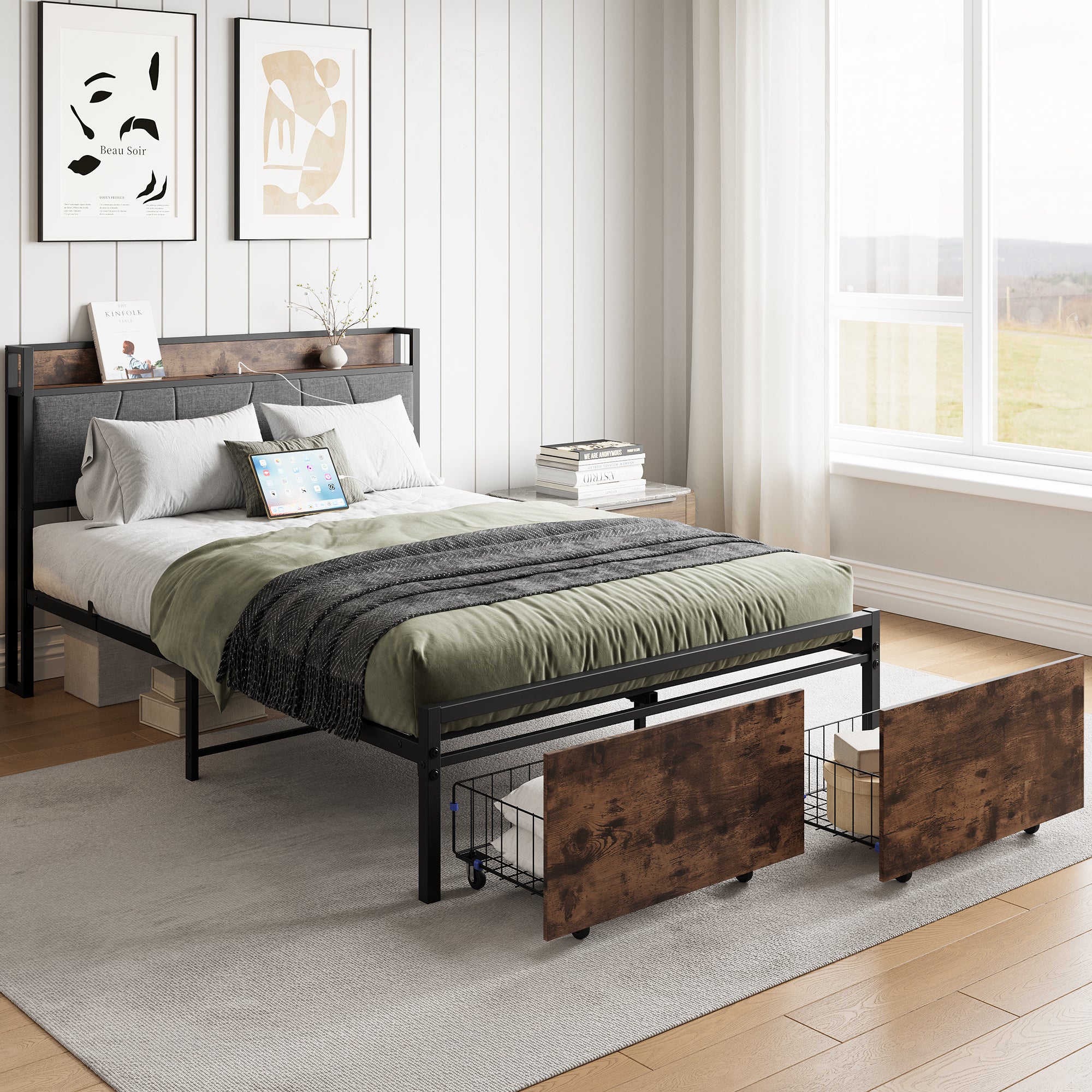 Vintage Full Bed Frame w/ Storage, Charging, 2 Drawers-Brown/Gray