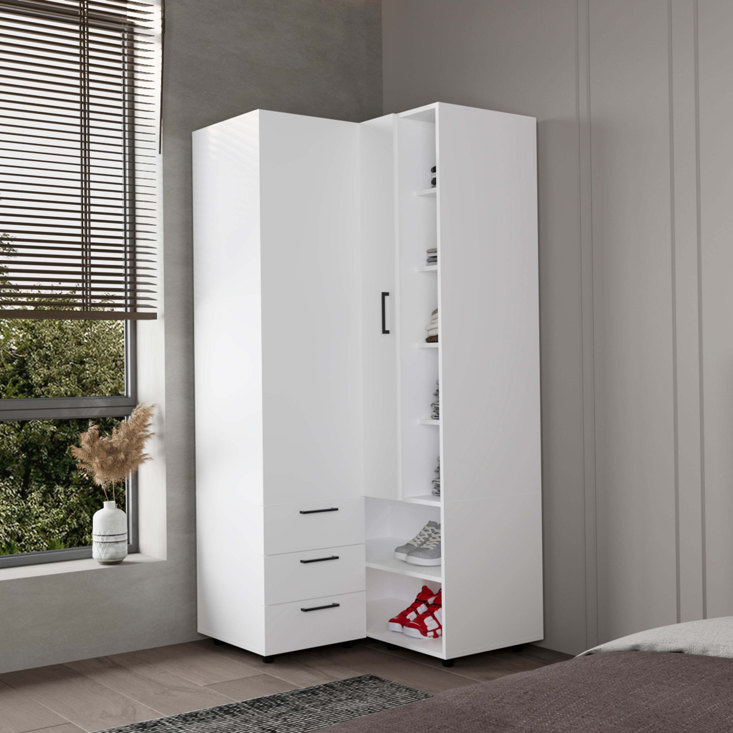 White Armoire Wardrobe with Open Storage & 2 Drawers
