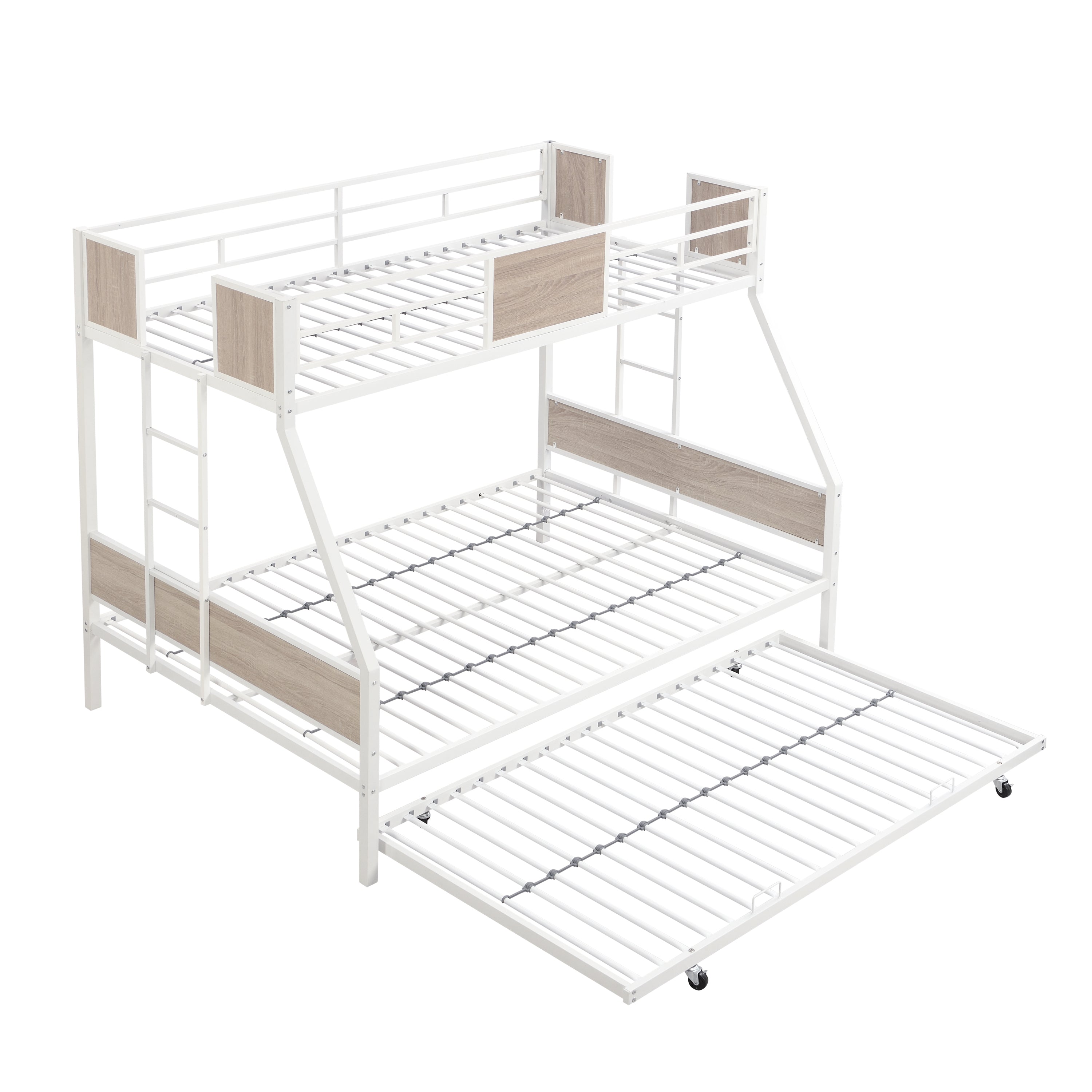 Twin Over Full Bunk Bed with Trundle & Ladders - Metal, Brown+White