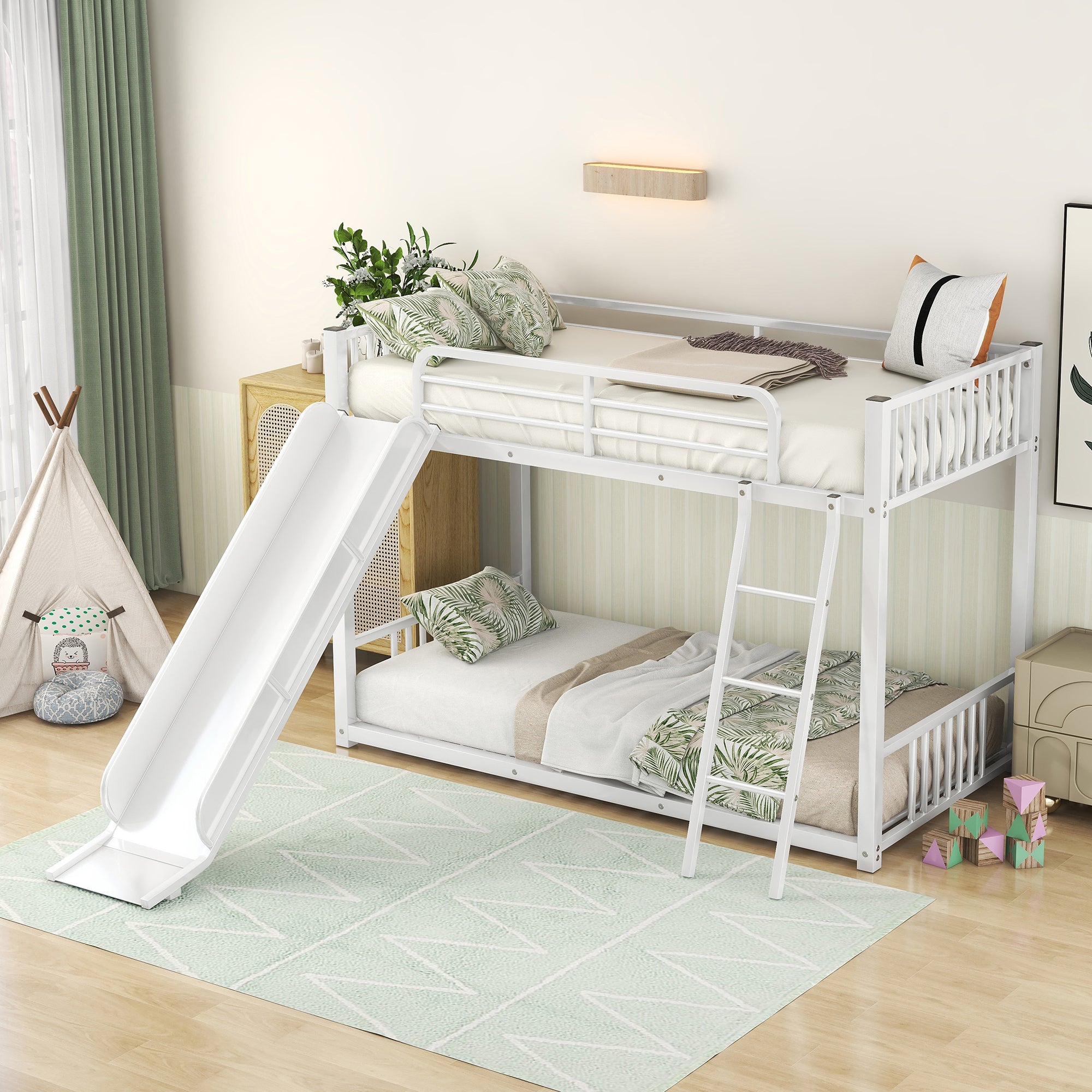 White Metal Twin over Twin Bunk Bed with Slide
