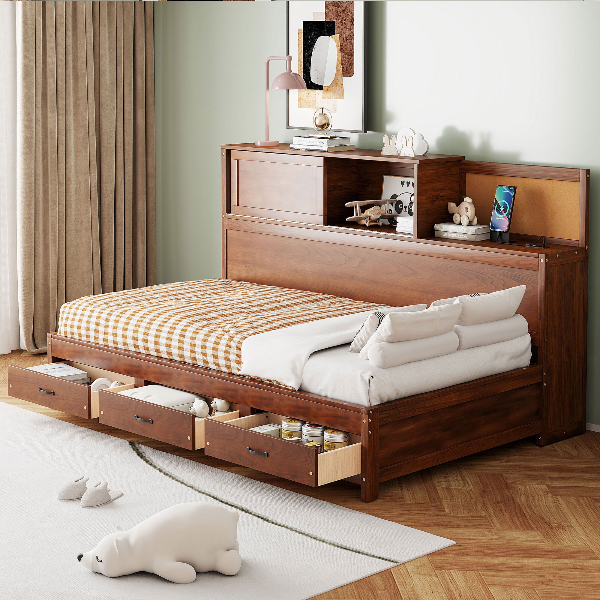 Twin Walnut Wooden Daybed with 3 Drawers, Shelf, USB Ports