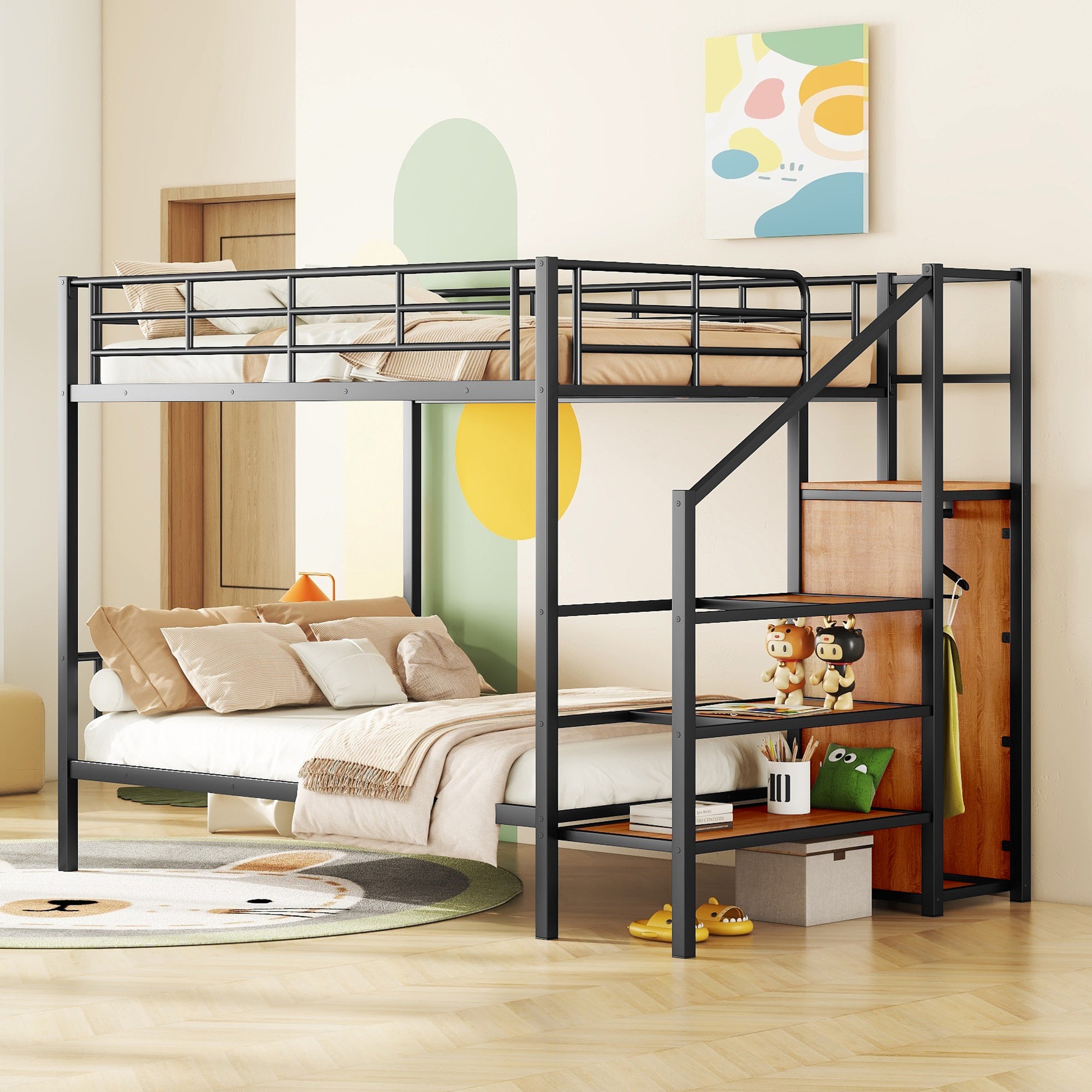 Full Over Full Metal Bunk Bed with Storage Ladder & Wardrobe, Black