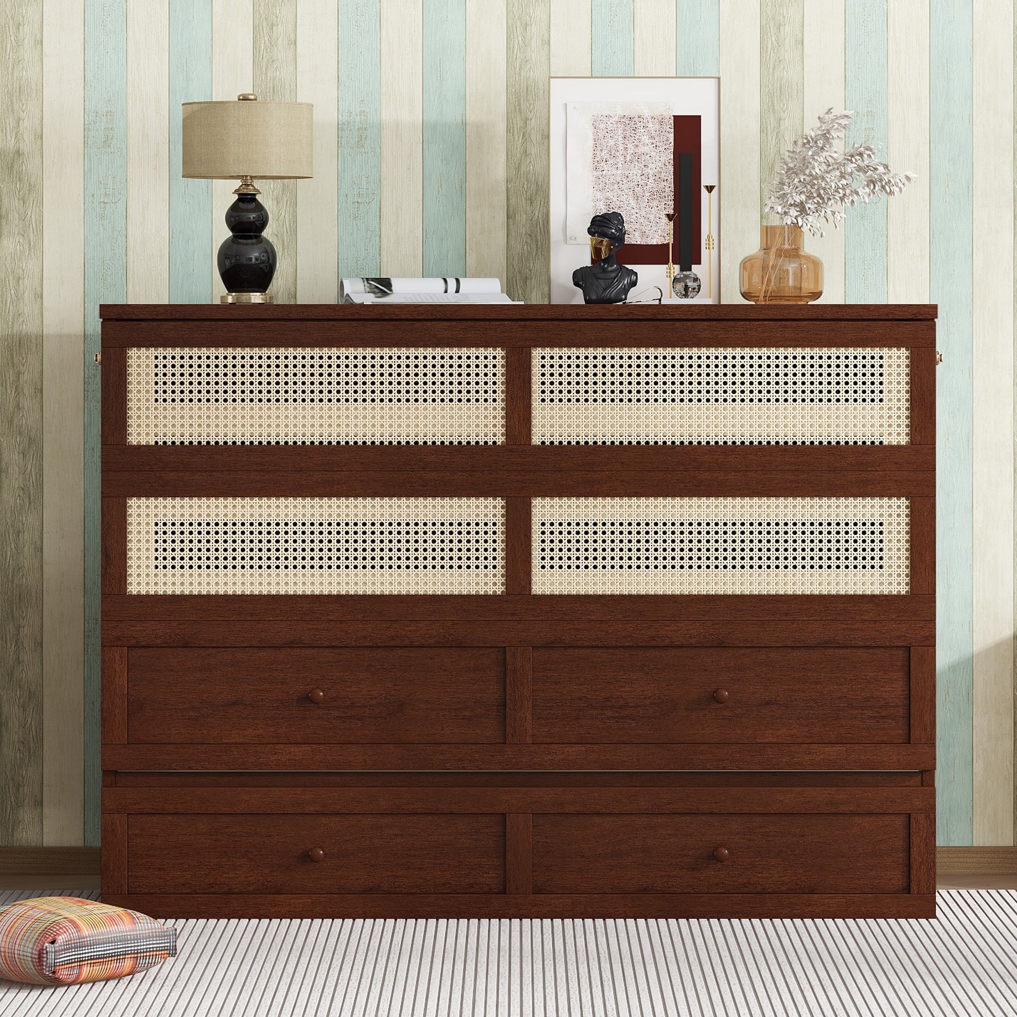 Queen Murphy Bed: Pine Wood, Rattan & Storage
