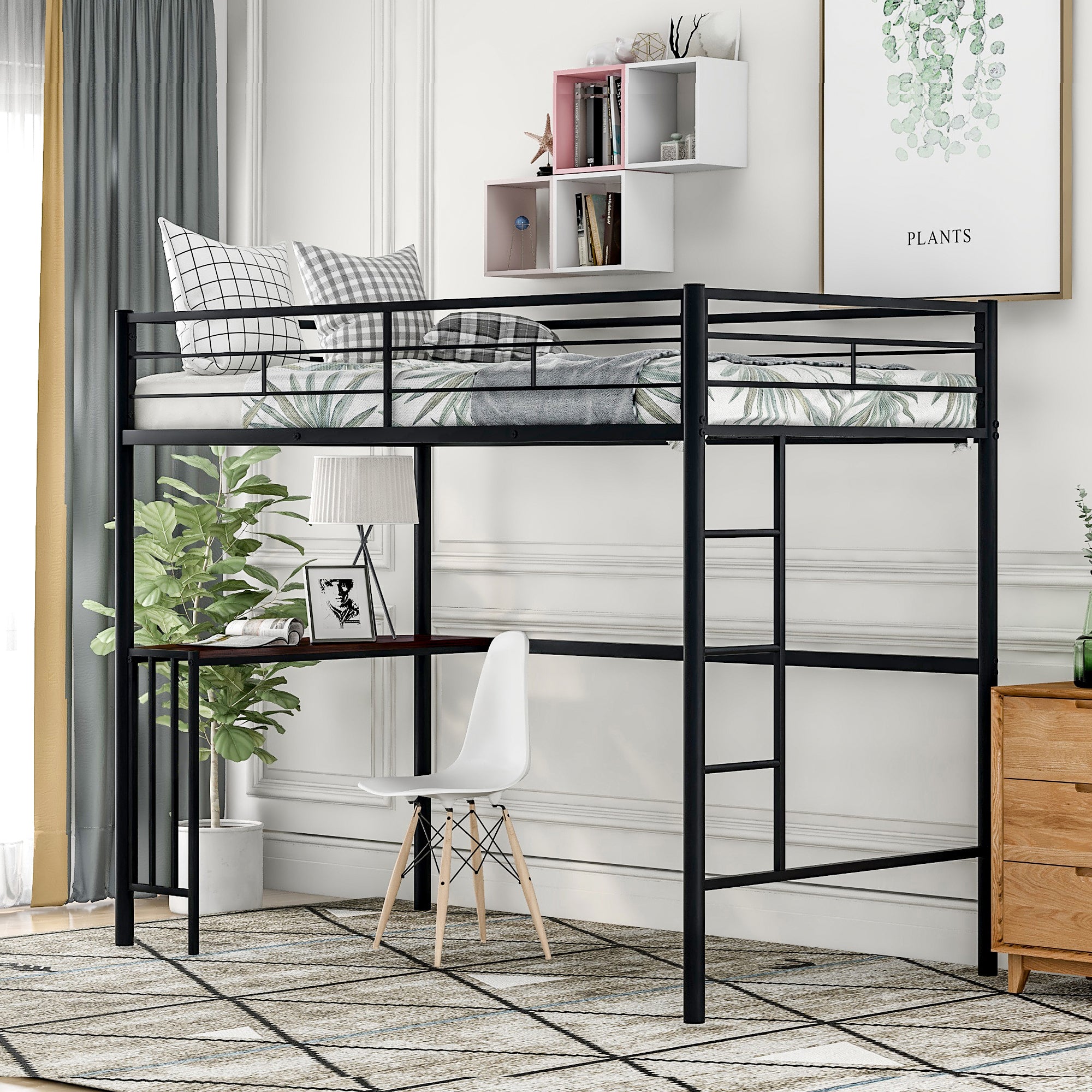Twin Metal Loft Bed w/ Desk, Ladder & Guardrails - Black