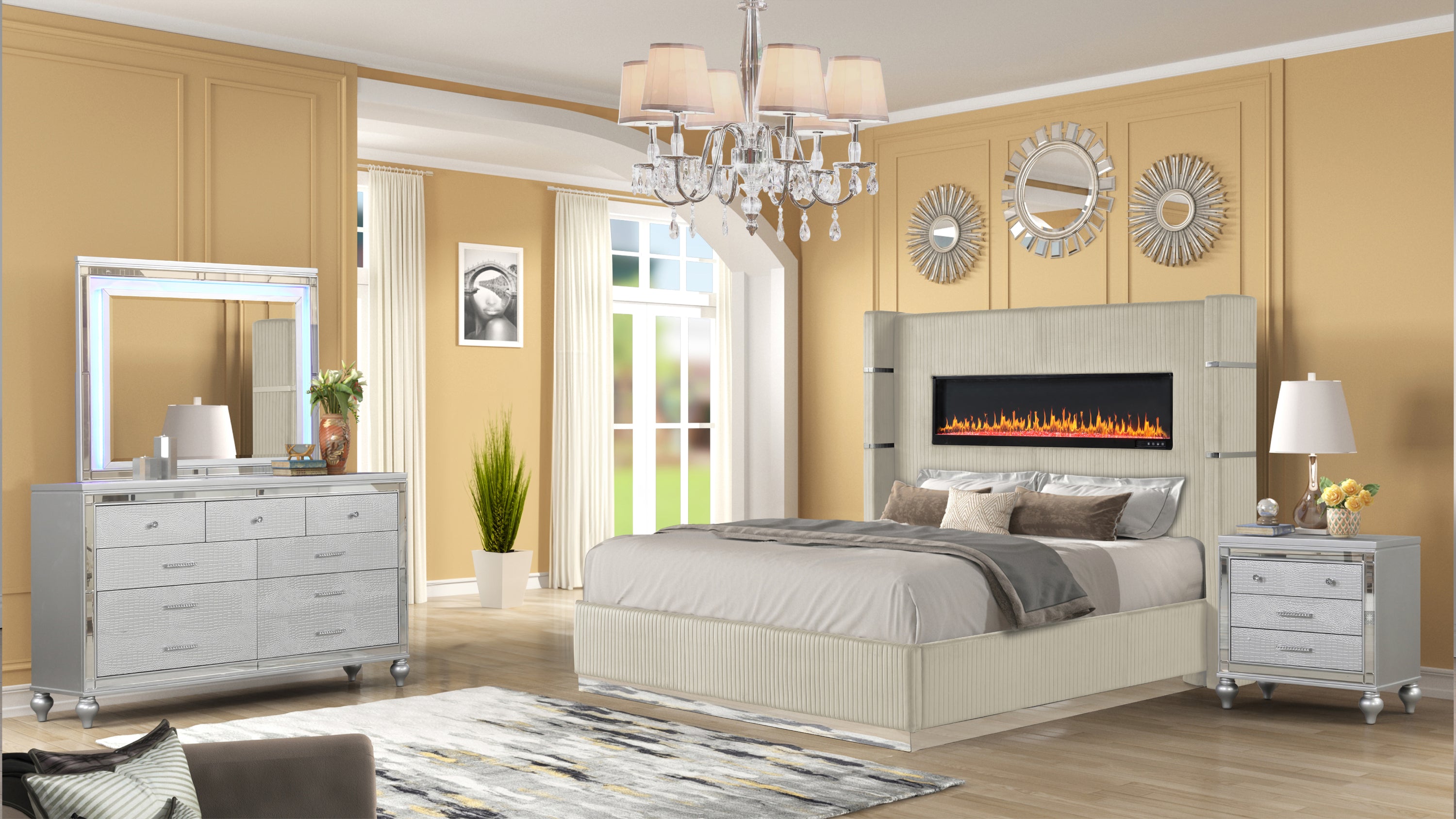 LIZZELLE Queen Upholstered 4PC Bedroom Set, Ambient Lighting, Beige Velvet