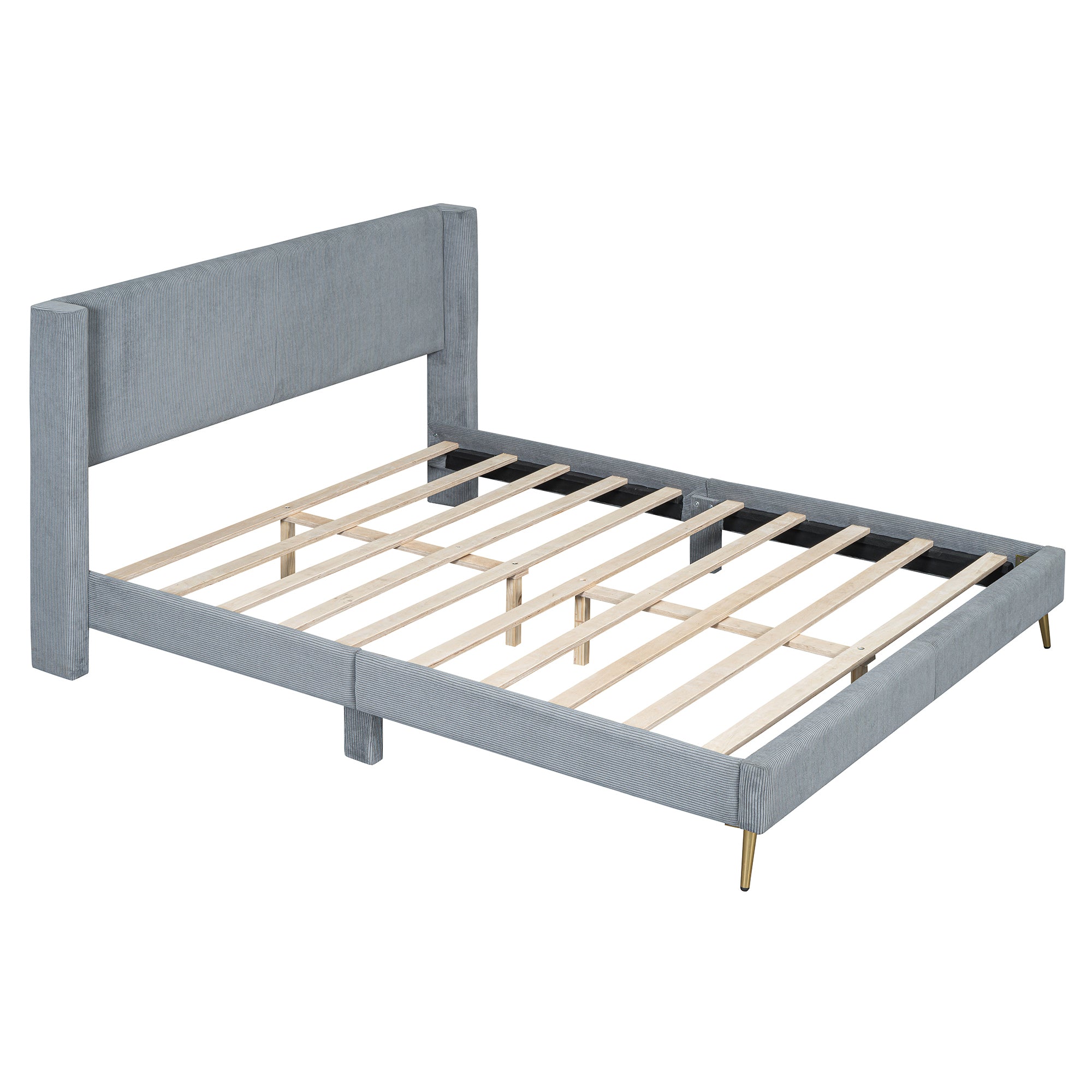 Contemporary Queen Corduroy Platform Bed, Gray Metal Legs, Plywood Frame