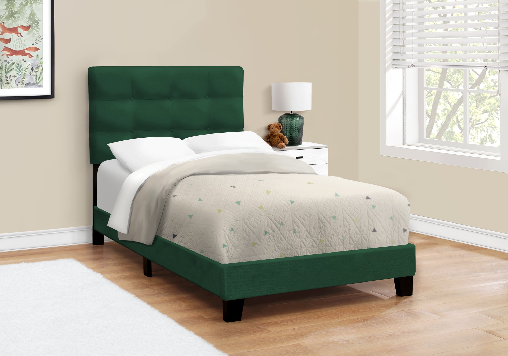 Transitional Green Velvet Upholstered Twin Bed Frame Youth Teen