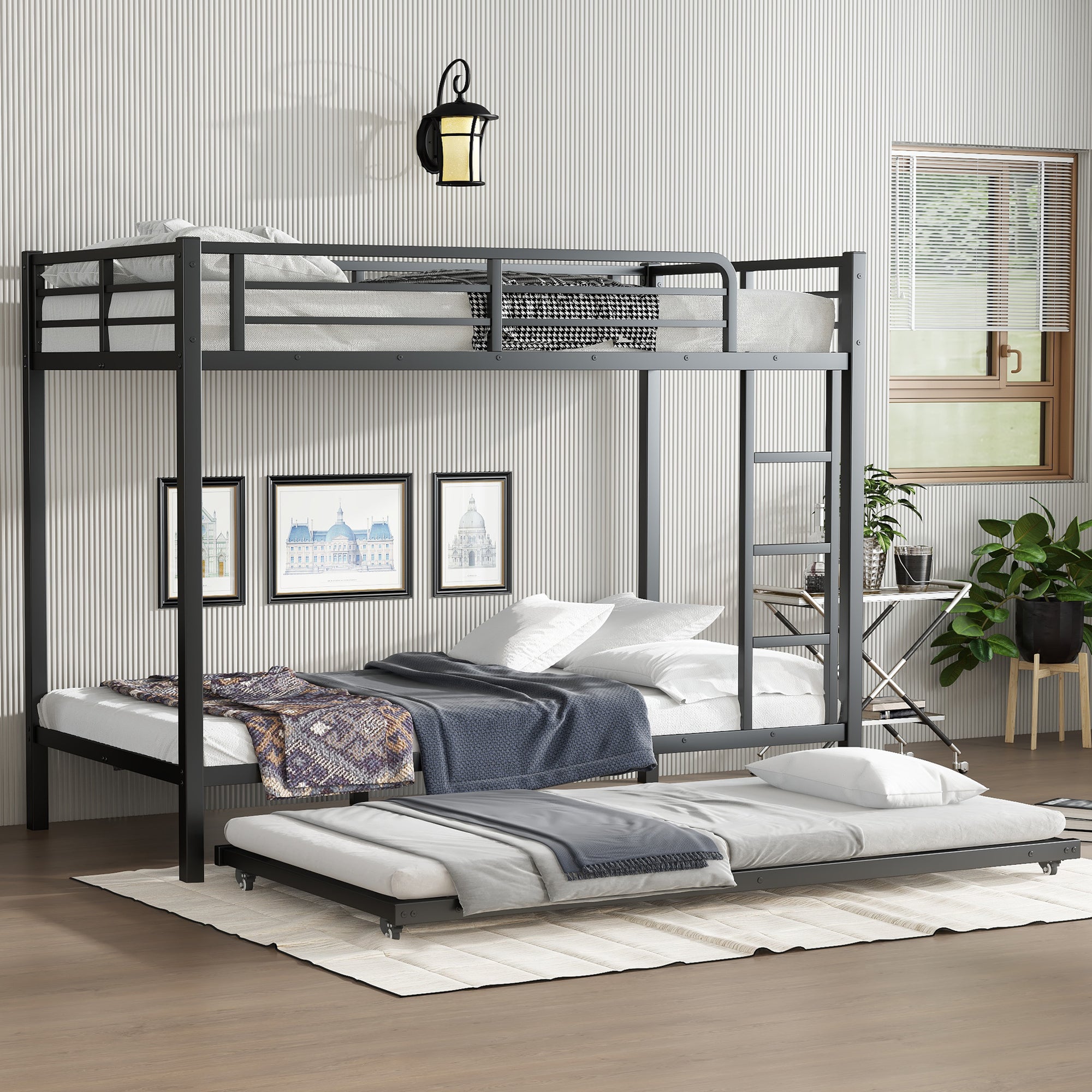 Twin XL over Twin XL Metal Bunk Bed w/ Twin Trundle, Black Sturdy Frame