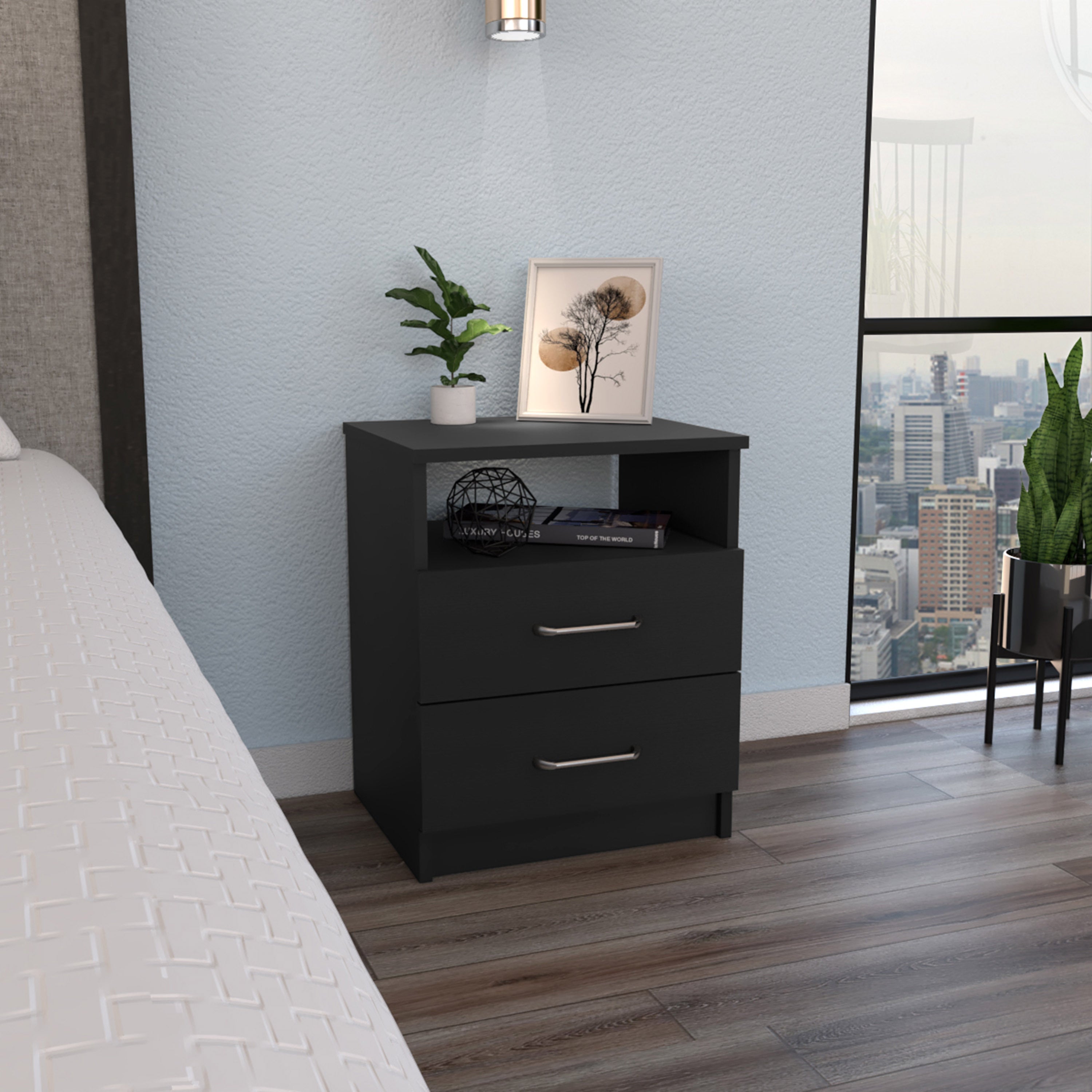 Napoles Black Nightstand End Side Table Superior Top Two Drawers Shelf