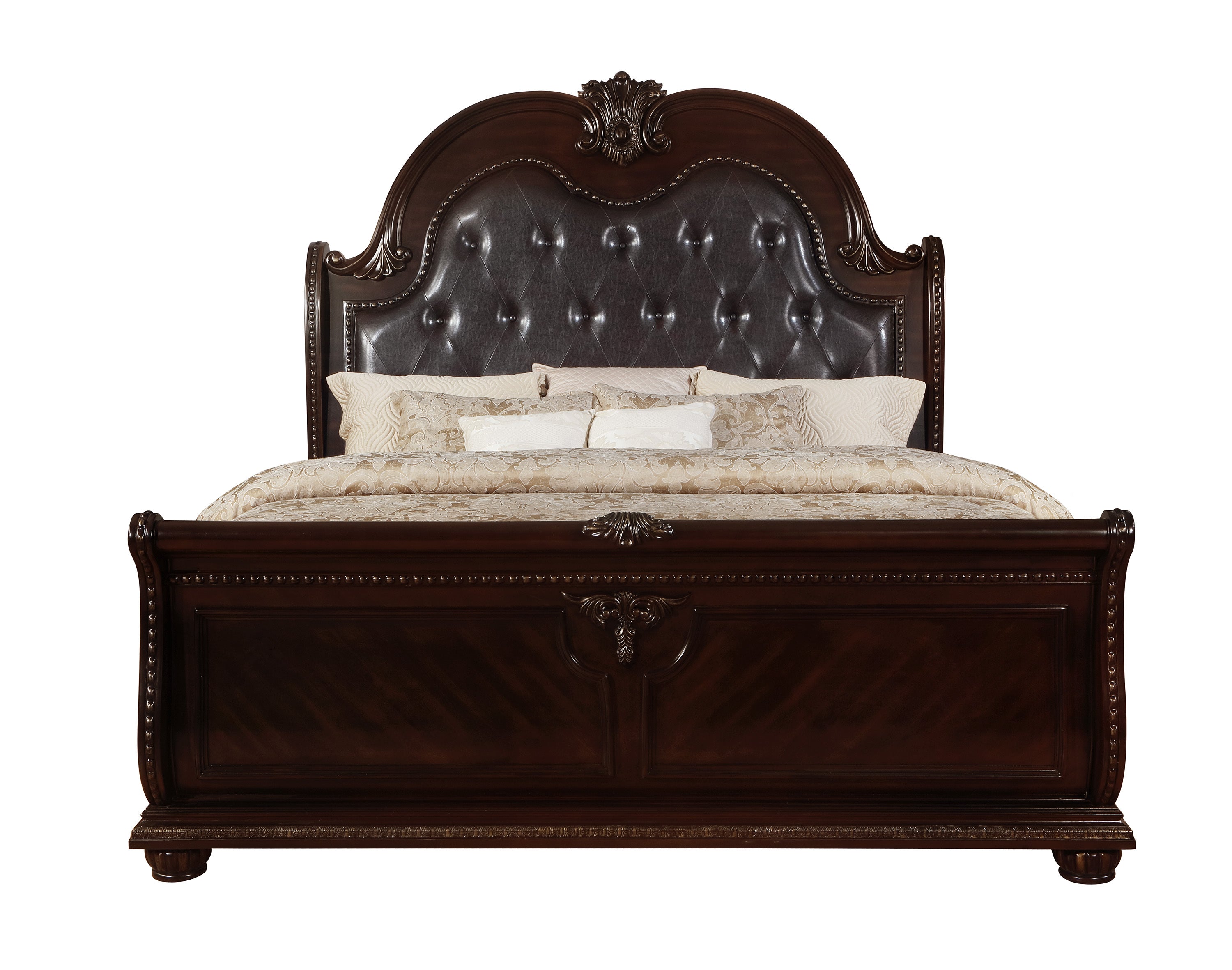 King Sleigh Bed: Faux Leather Upholstered, Button Tufted, Antique Brown
