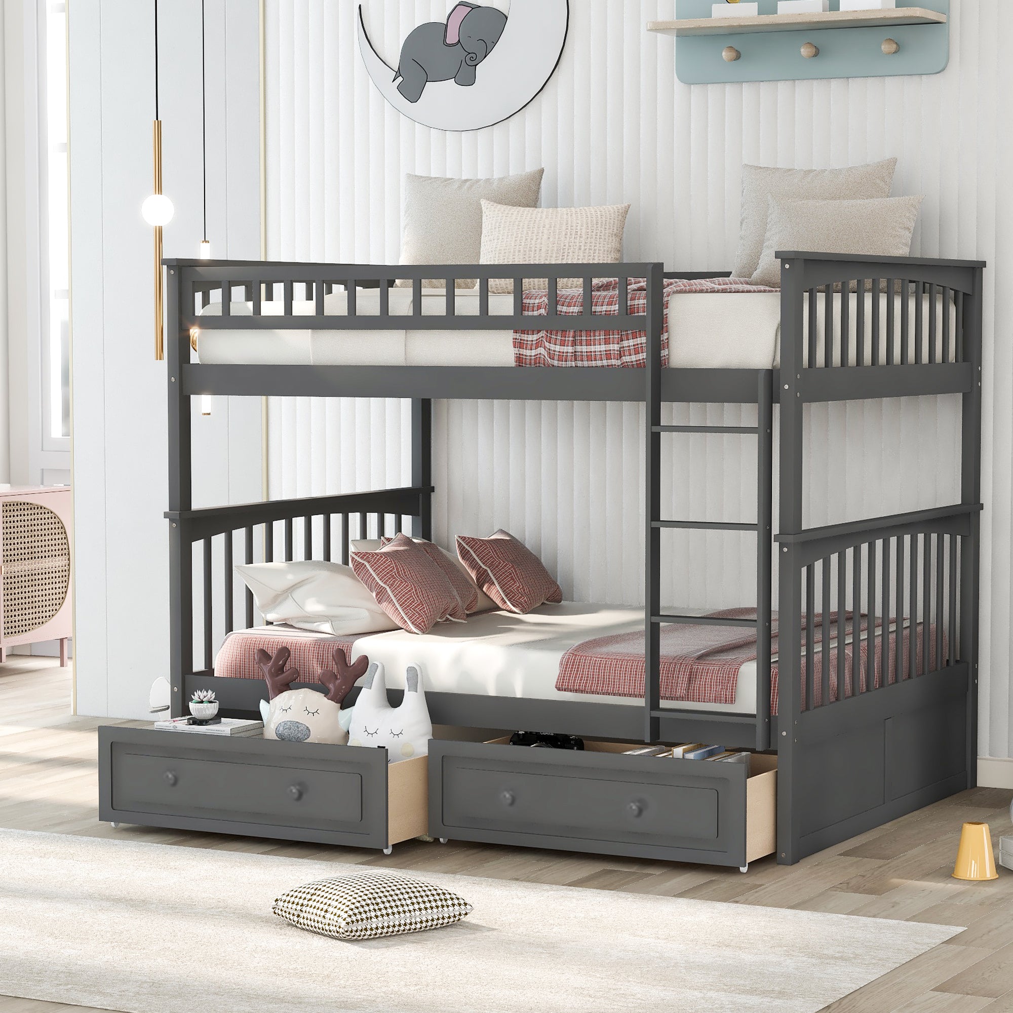 Full over Full Bunk Bed with Drawers | Convertible Twin Bunk Bed Gray