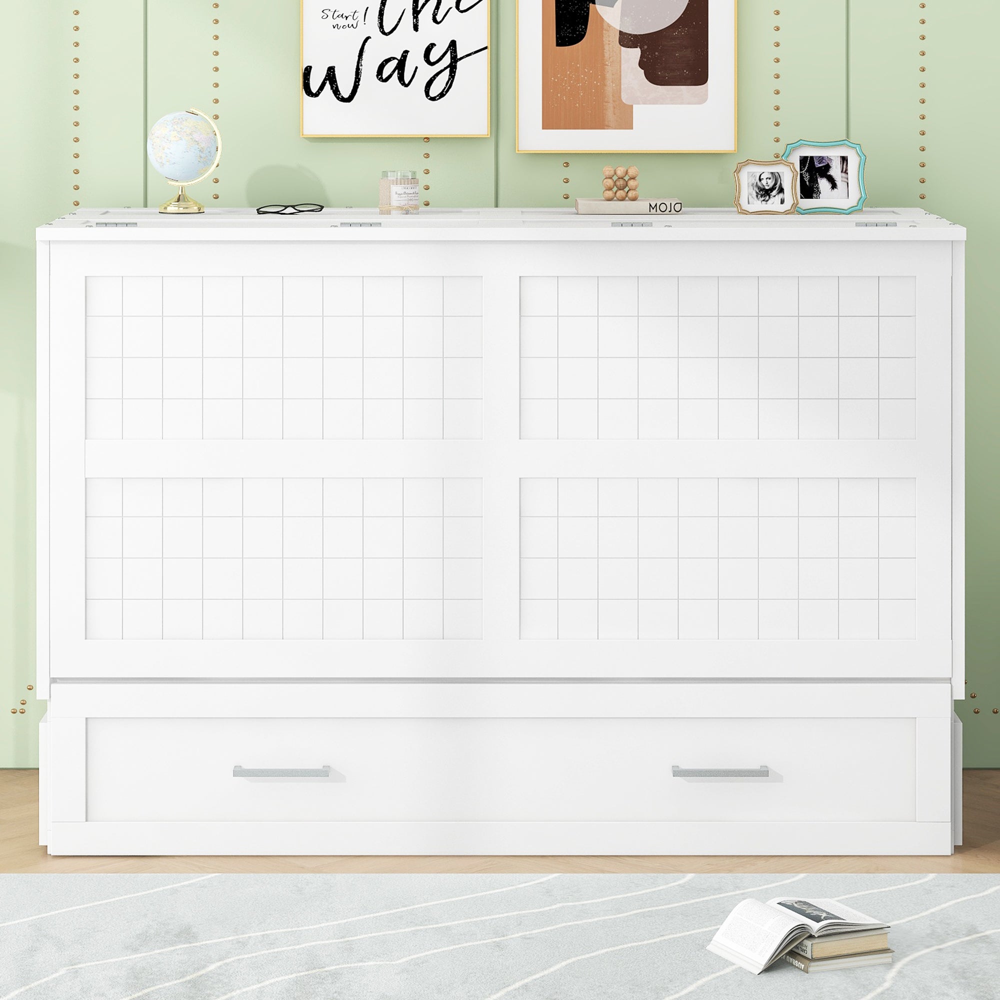 White Queen Mobile Murphy Bed with Drawer, Side Shelves and Storage