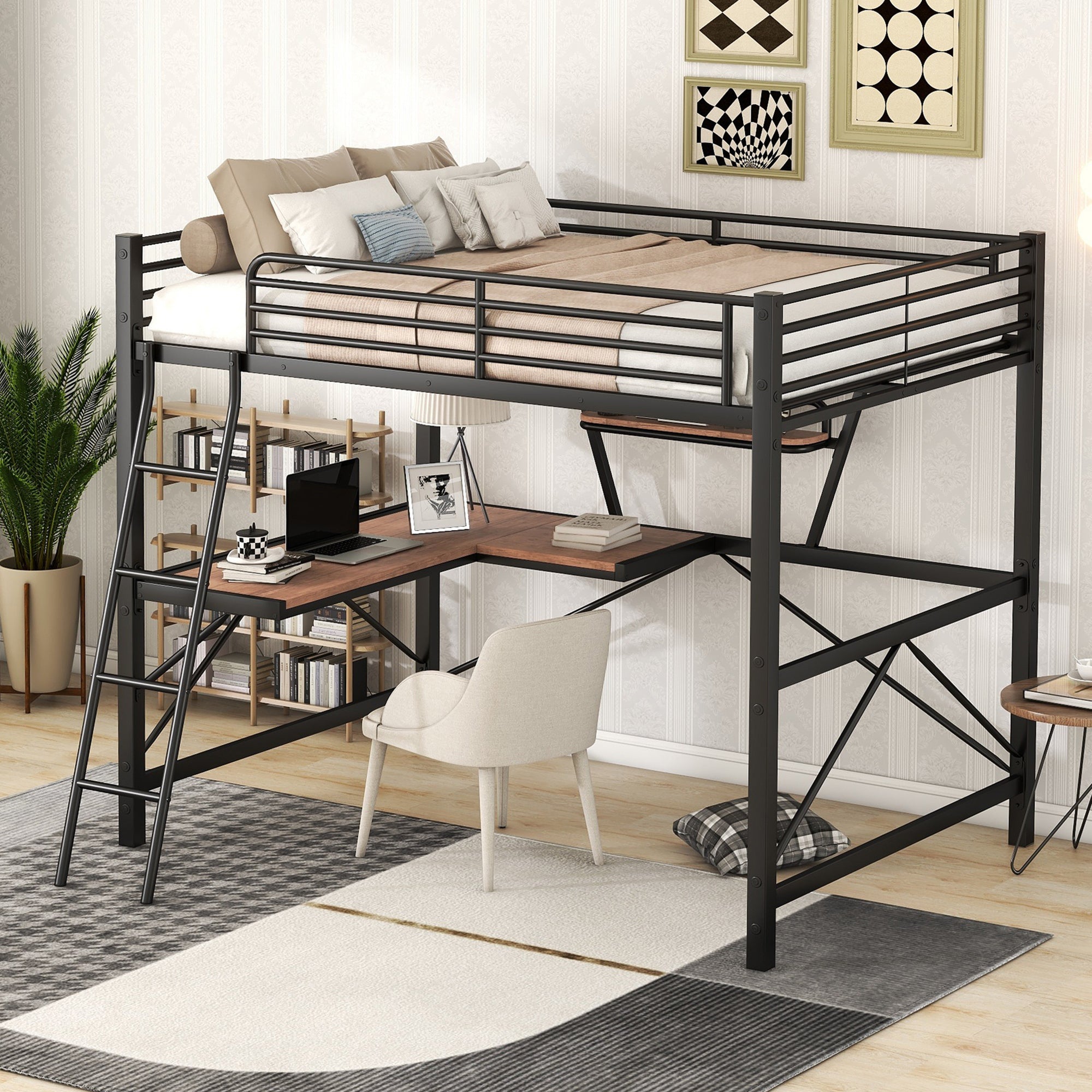 Black Full Size Loft Bed with Desk & Shelf - Metal & MDF Frame