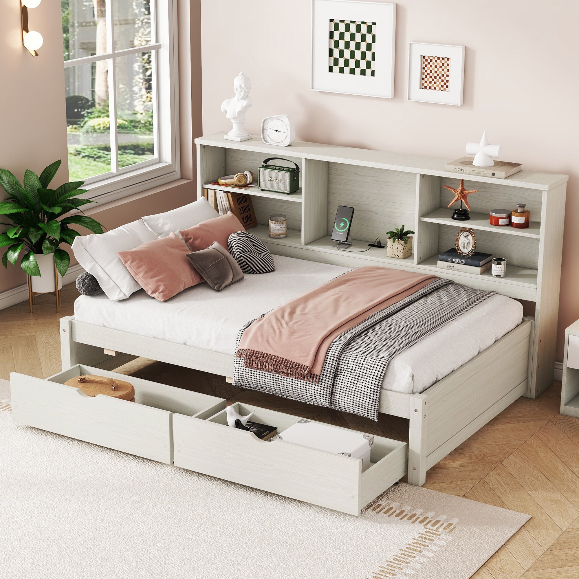 Twin Size Bed Frame w/ USB, Storage, Bookshelves, Drawers - Creamy White