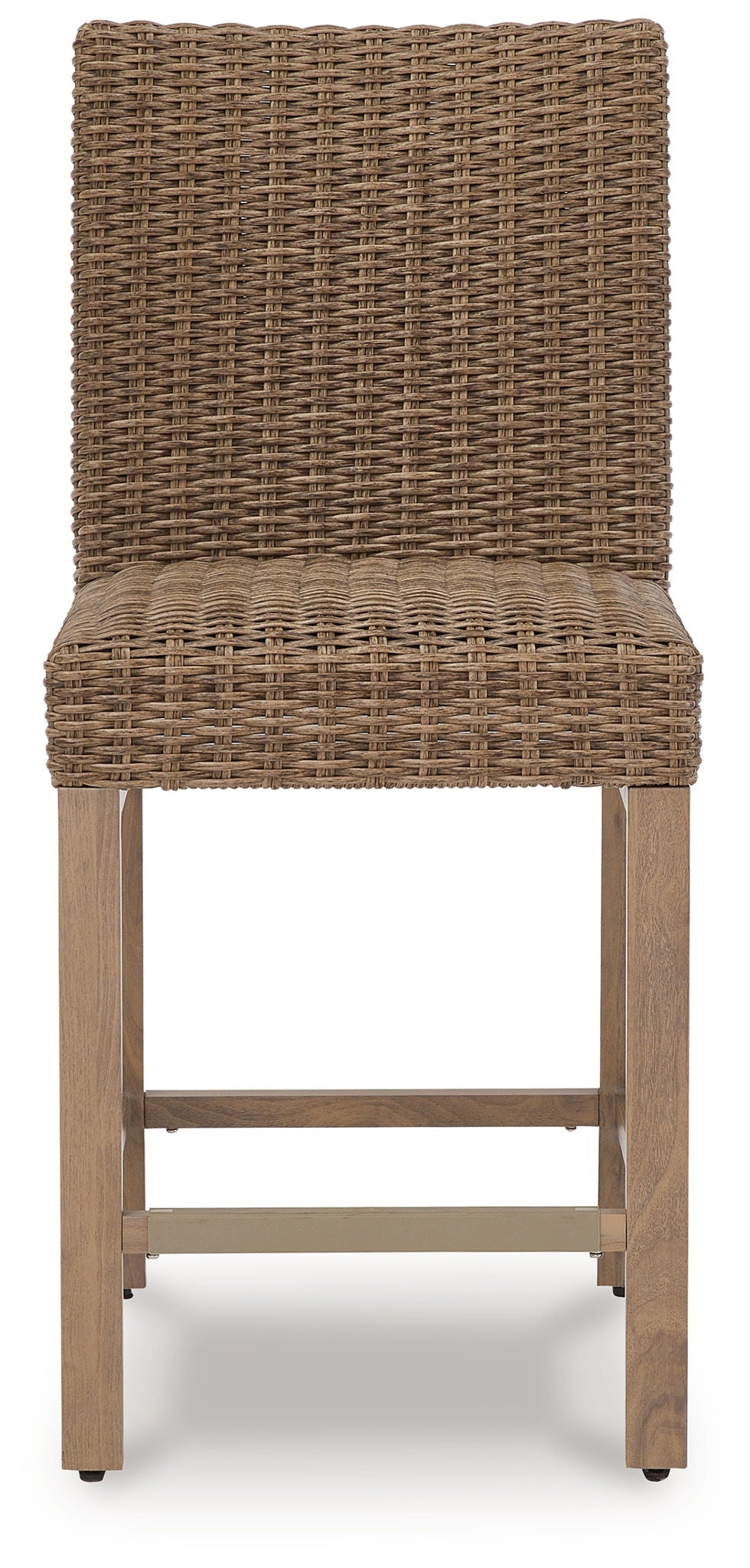 Woven bar stool with tall backrest, solid wood frame, and side footrest view