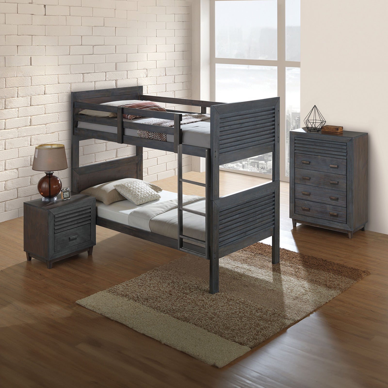 Transitional Twin Over Twin Bunk Bed - Reversible Ladder, Charcoal Brown