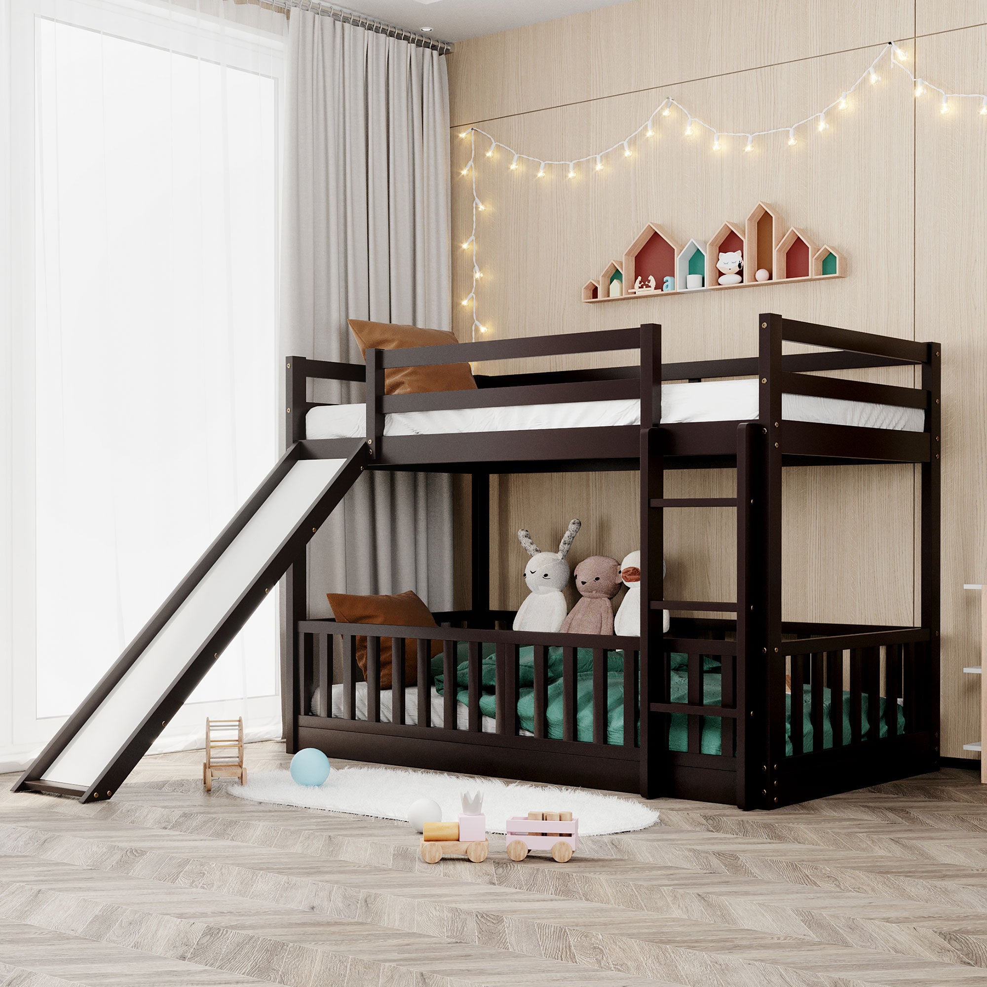 Twin Over Twin Bunk Bed with Slide & Ladder, Espresso Finish