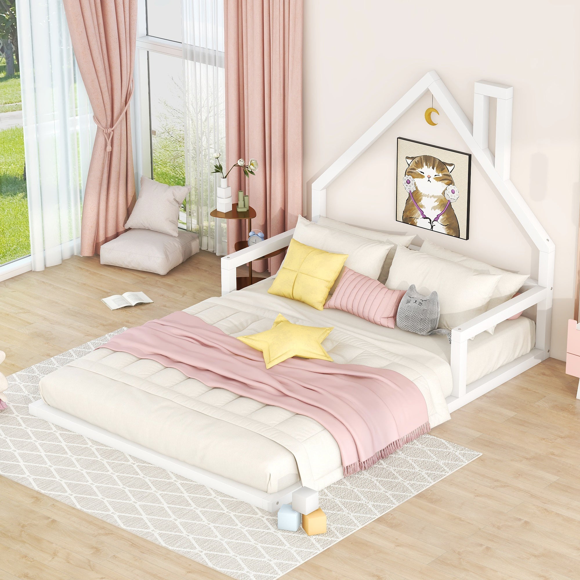 White Full Size Wood Floor Bed, House Headboard Kids Bed Frame