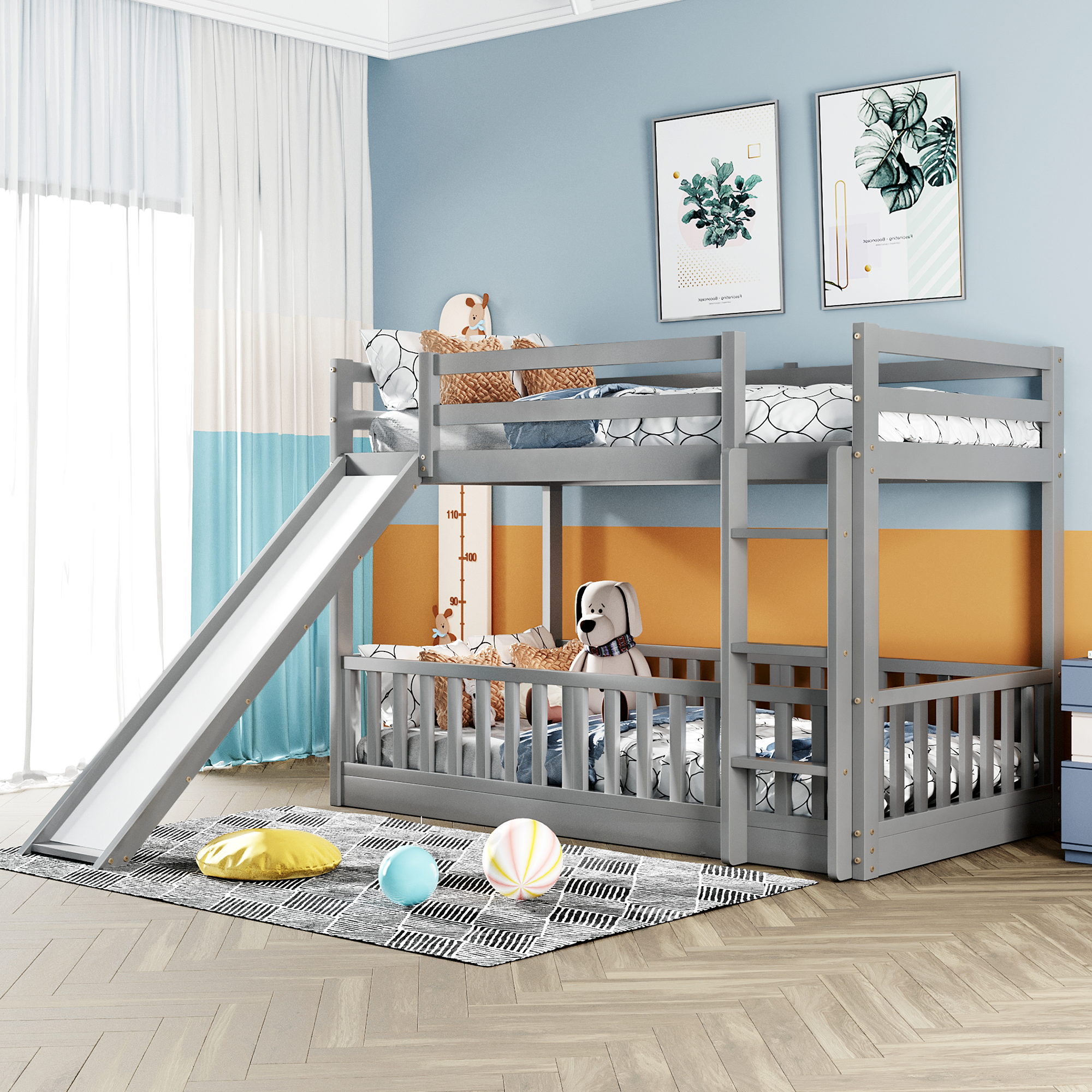 Gray Twin Over Twin Bunk Bed with Slide & Ladder - Kids' Fun Sleep