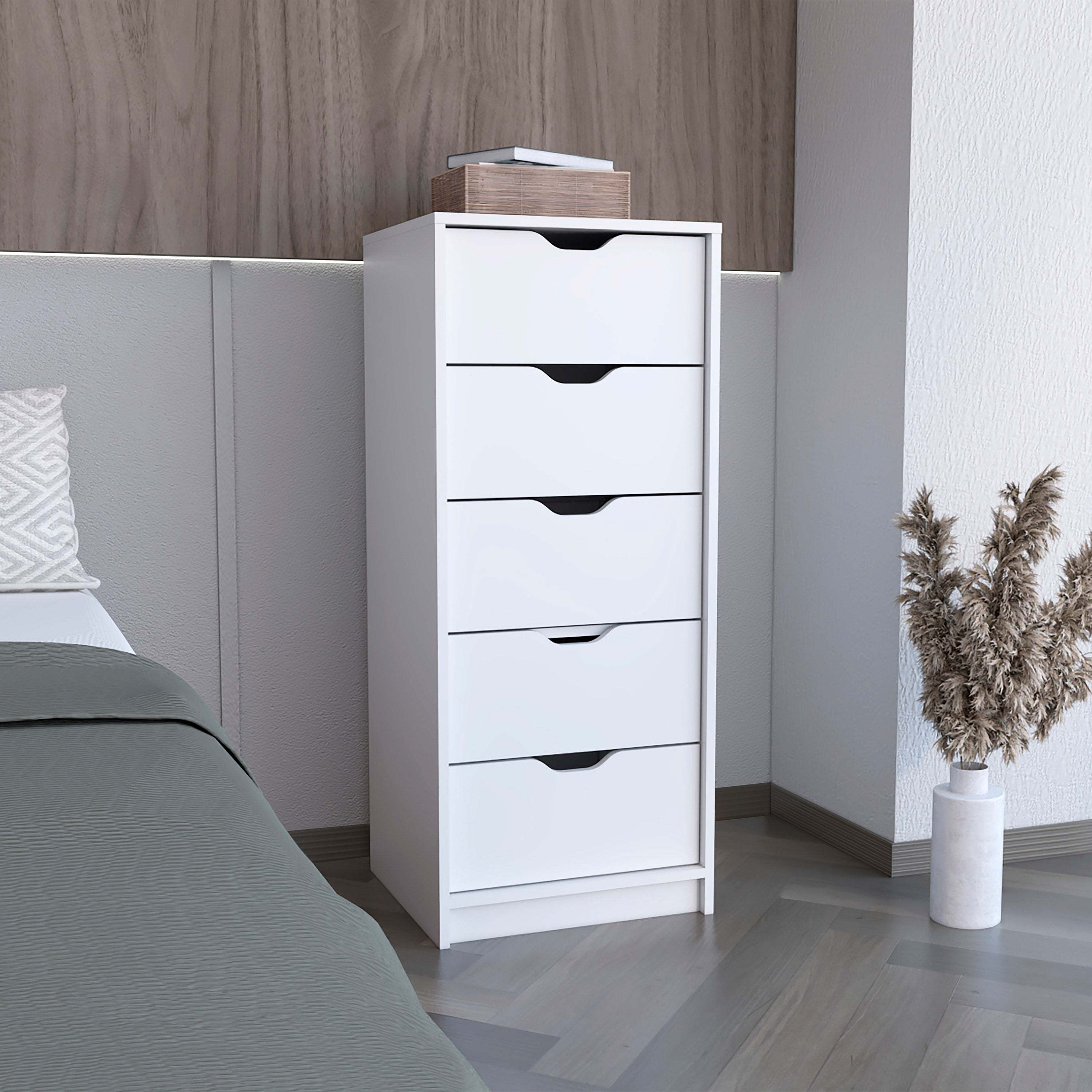 Basilea White 5-Drawer Tall Dresser with Pull-Out System