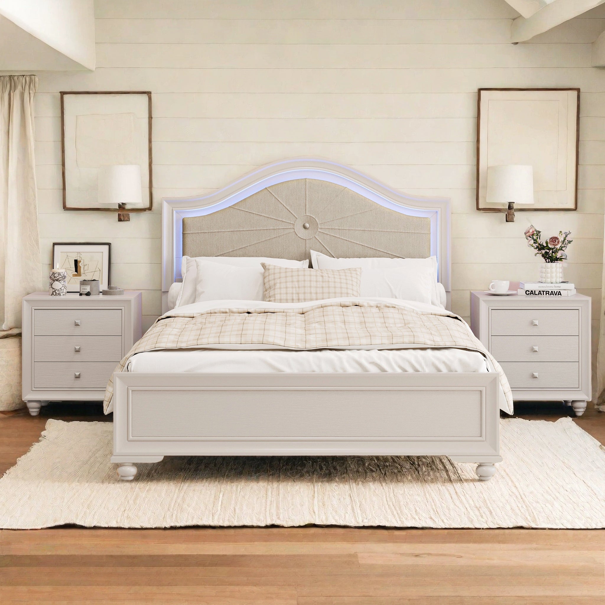 Modern Queen Wood Bed Frame, LED Light Upholstered Headboard, No Box Spring