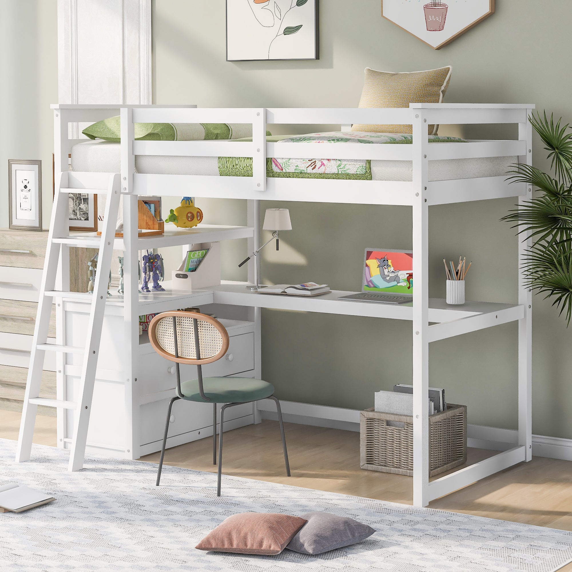 White Twin Loft Bed with Desk, Shelves & Drawers - Space Saving
