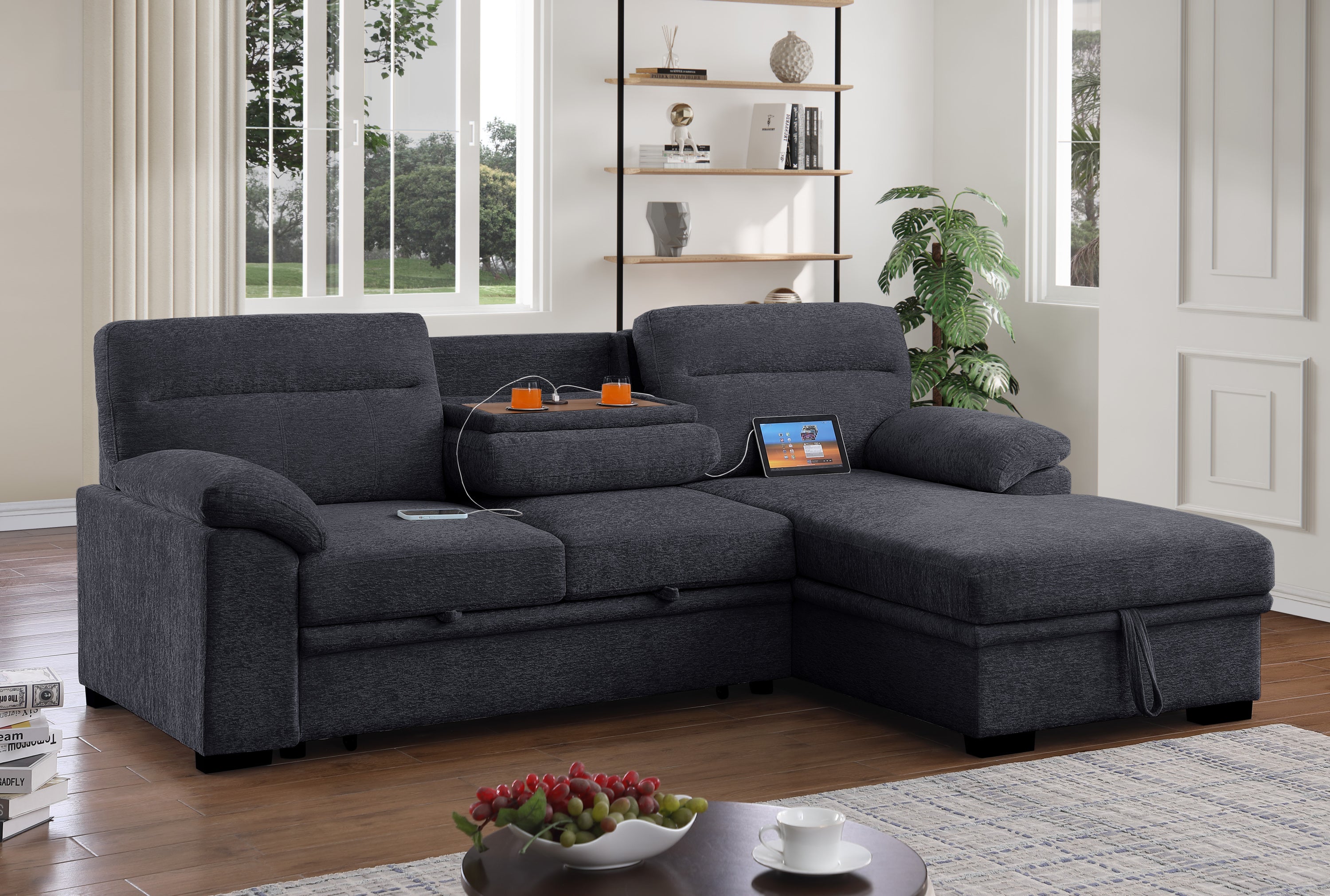 Kipling II Dark Gray Chenille Sleeper Sectional Sofa USB