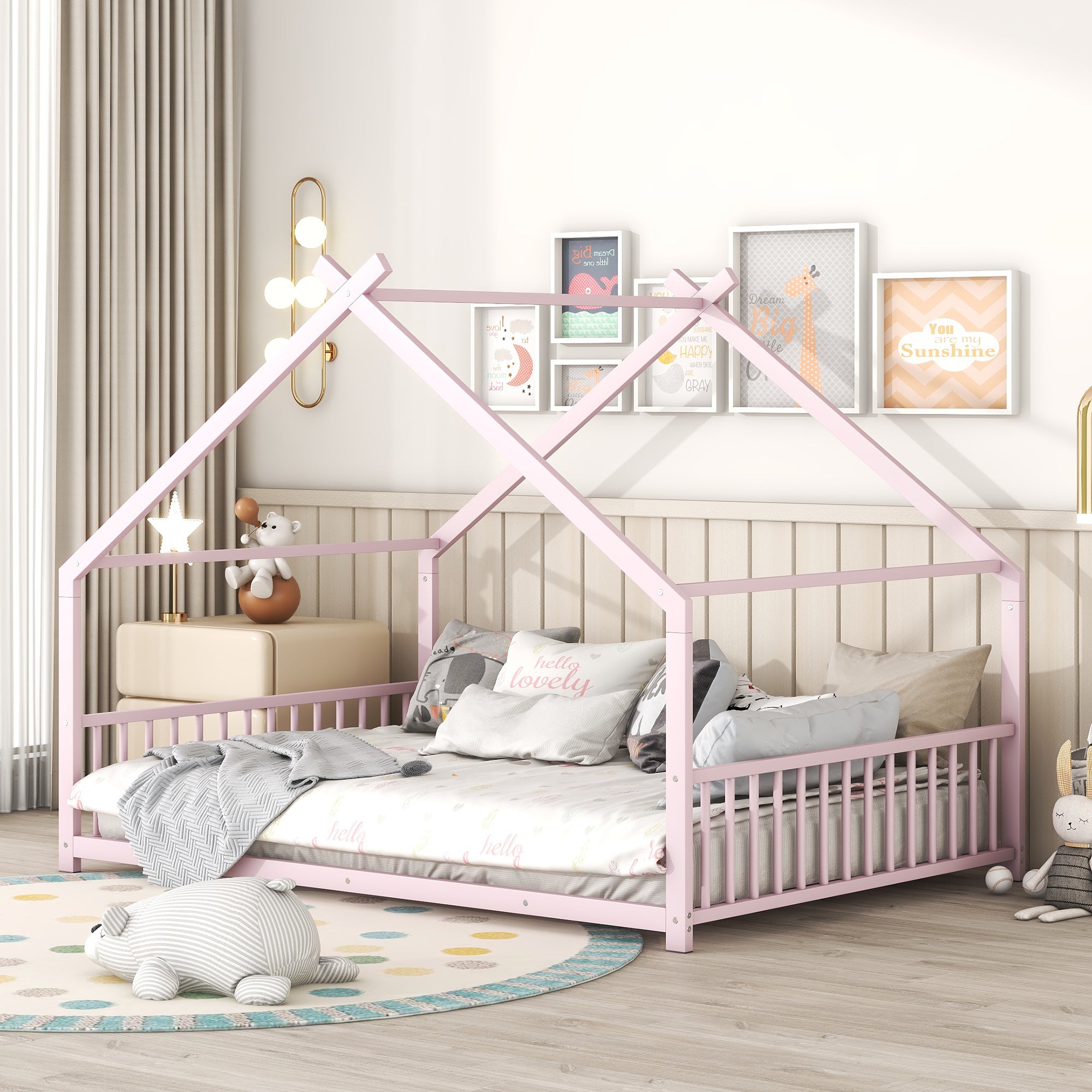Pink Full Size Metal House Bed Frame for Girls