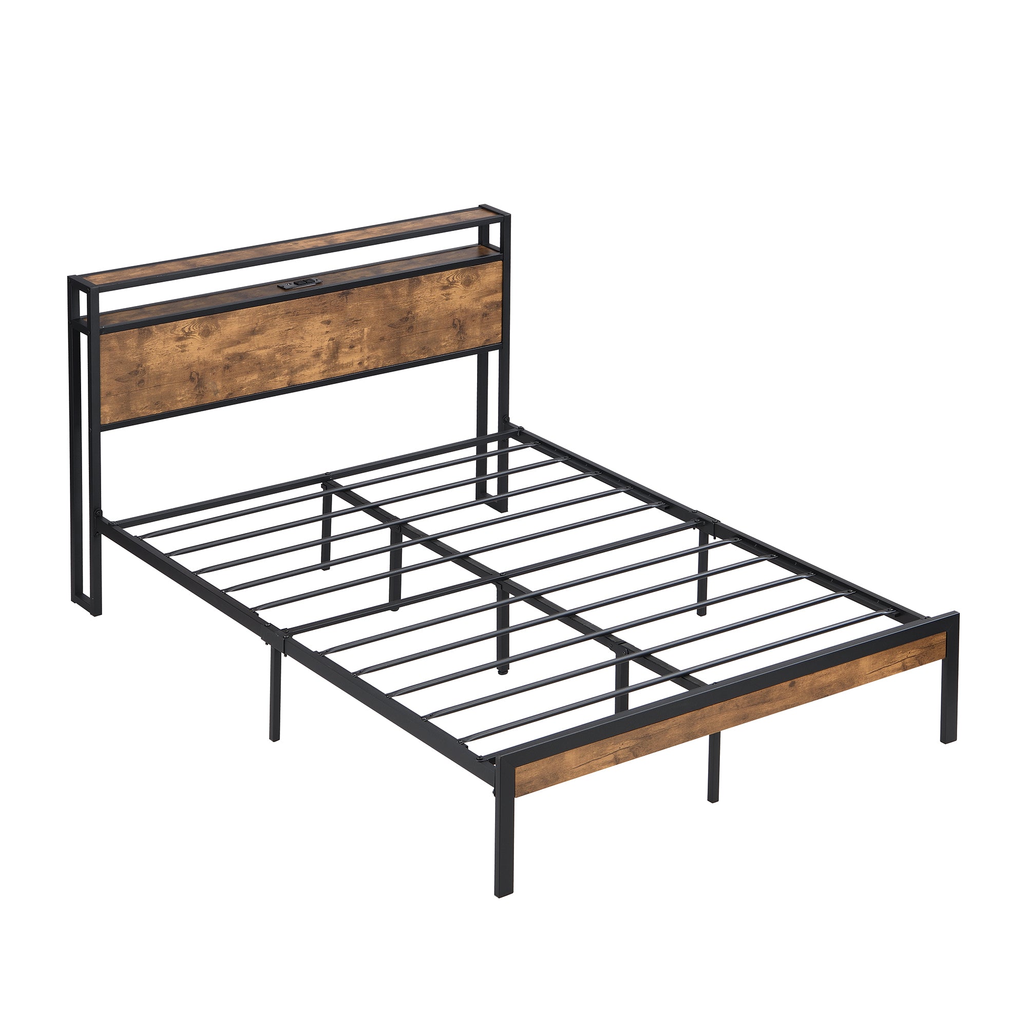 Modern Full Size Metal Platform Bed, Wood HB/FB, USB, Storage, Black/Brown
