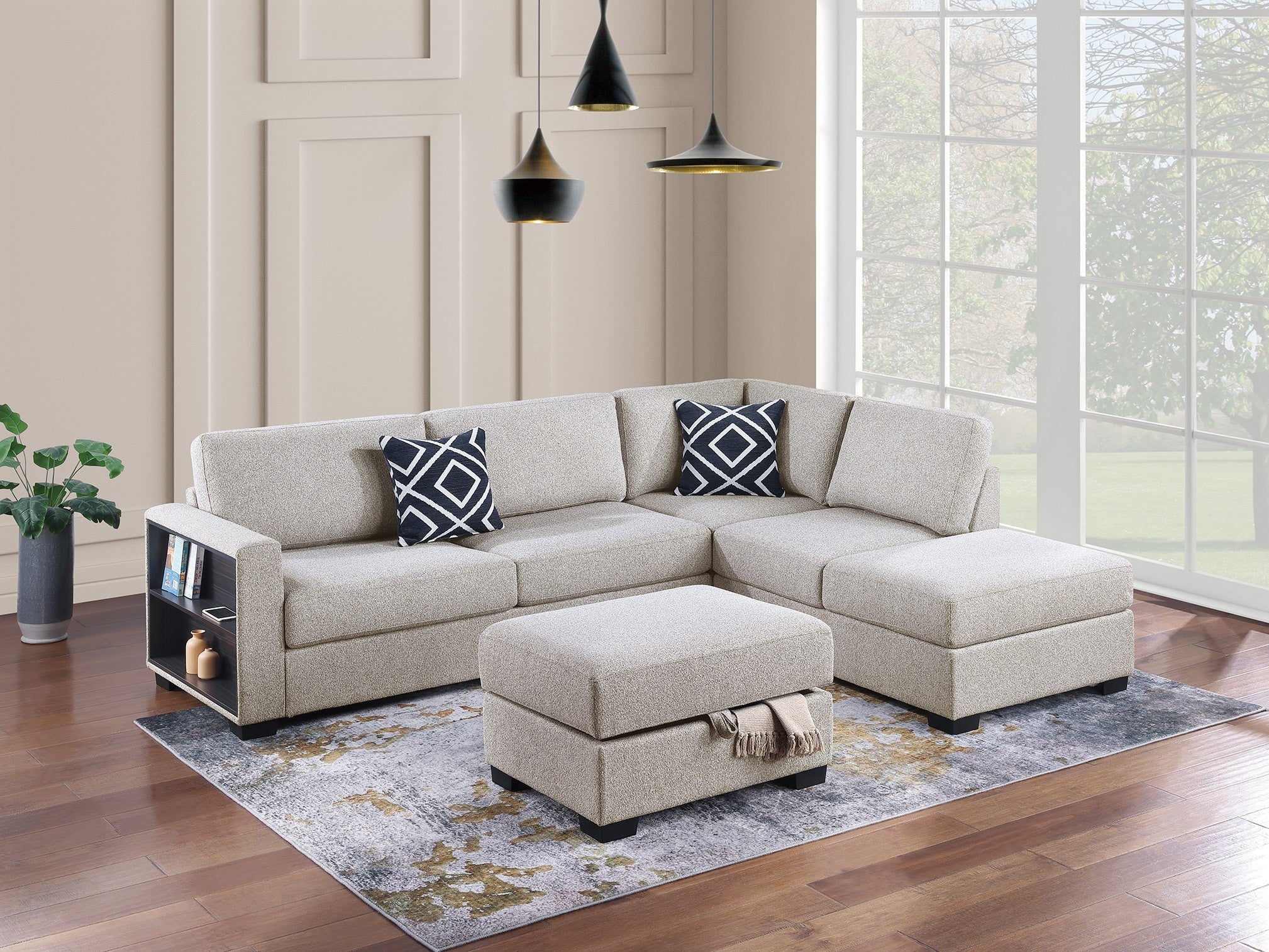 Beige 3-Pc Reversible Sectional Sofa w/ Storage Ottoman & Shelf