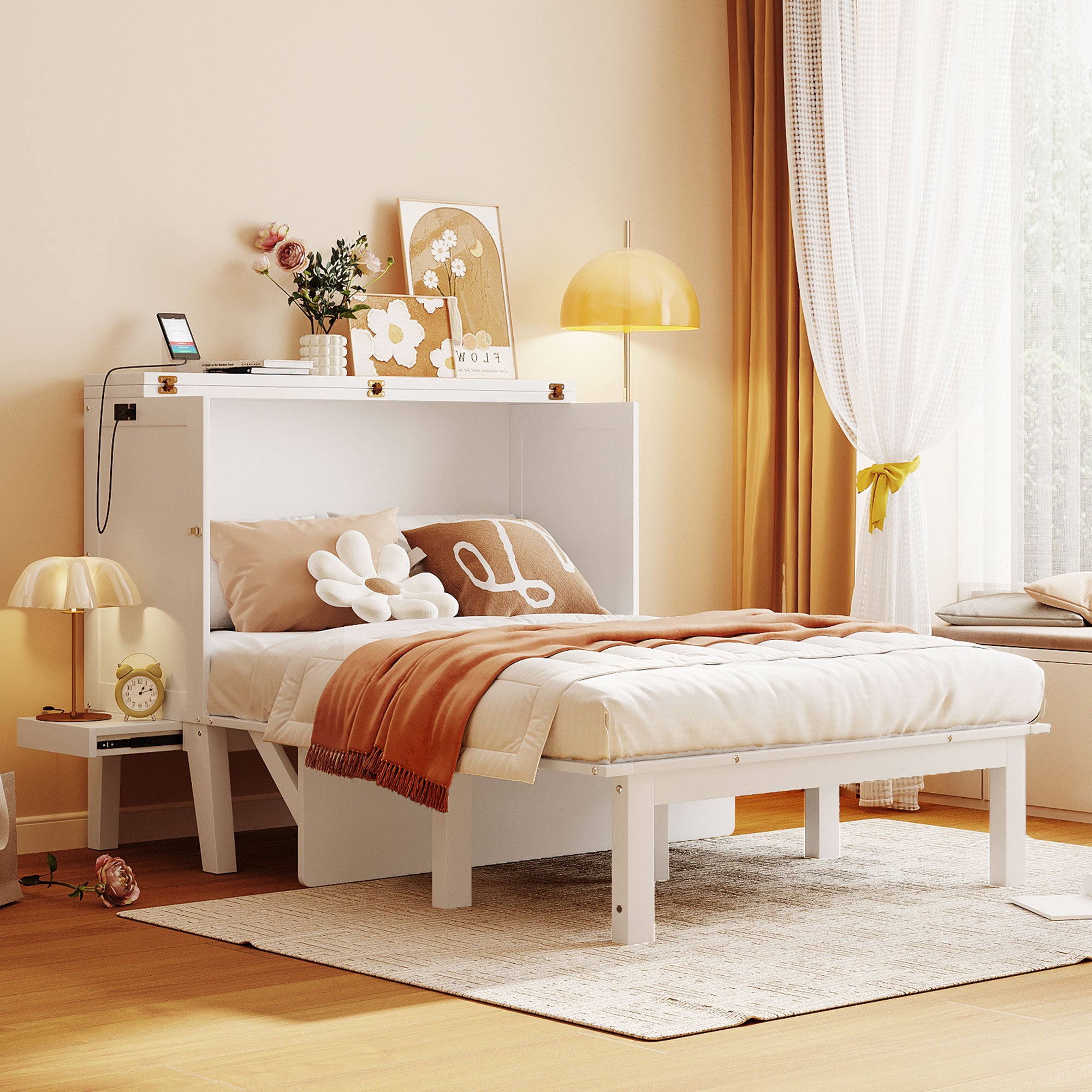 Full Size Murphy Bed: USB Port, Removable Side Shelves, White